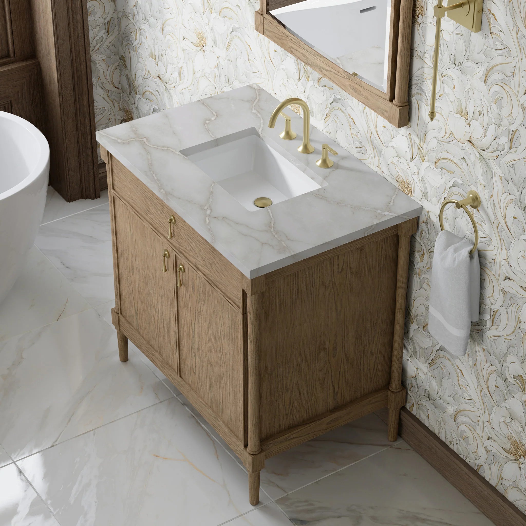36" Kinnsden Single Vanity in Weathered Oak by James Martin Vanities-Victorian Silver Silestone 5