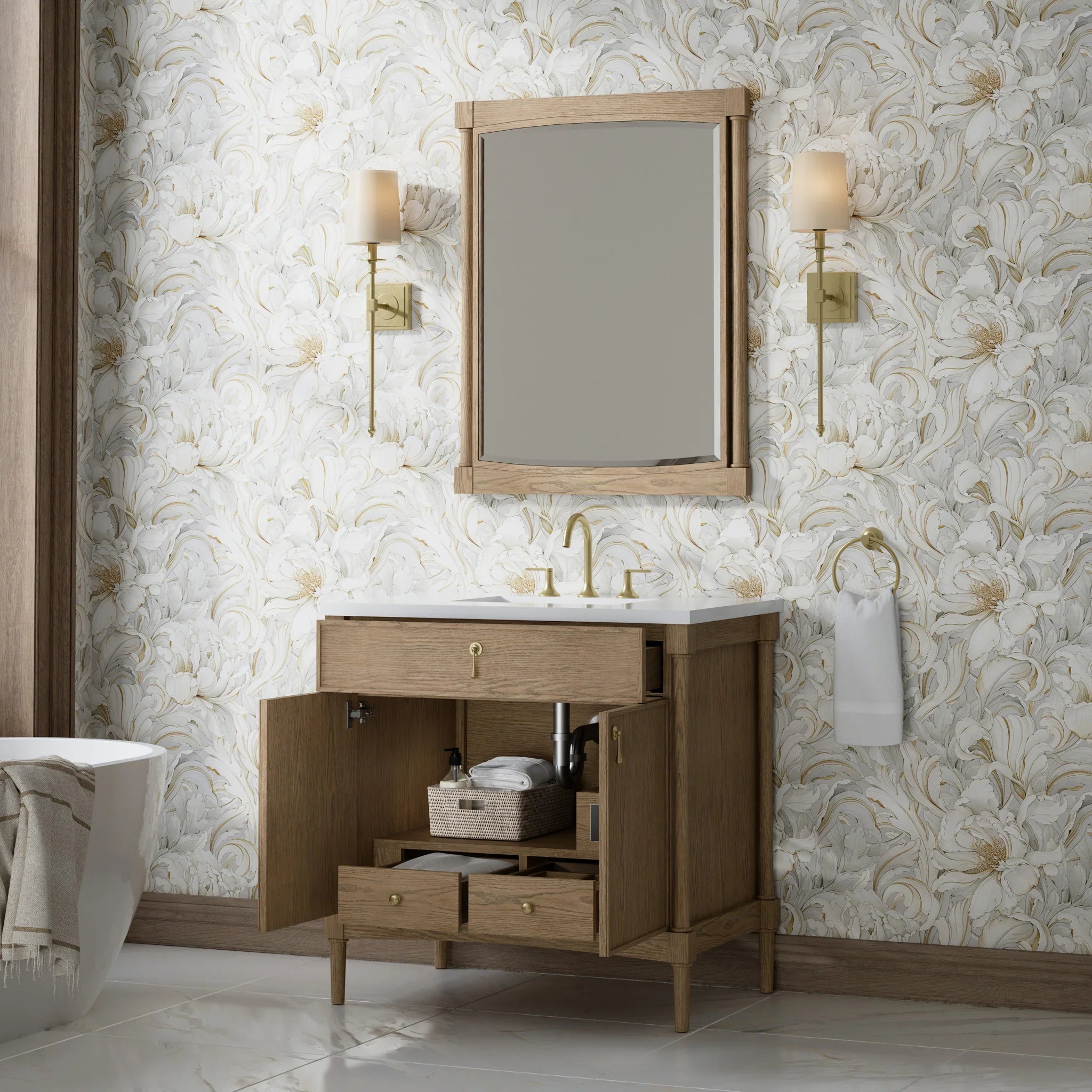 36" Kinnsden Single Vanity in Weathered Oak by James Martin Vanities-White Zeus Silestone 6