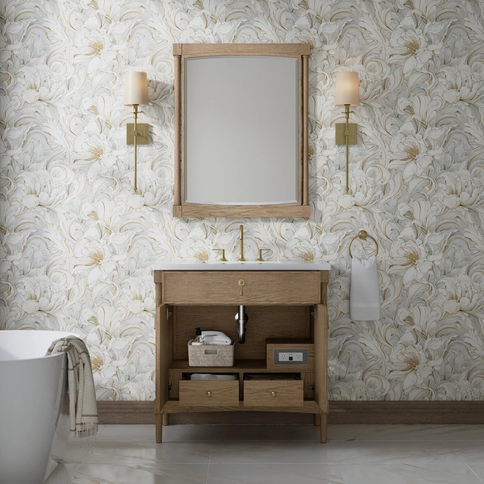 36" Kinnsden Single Vanity in Weathered Oak by James Martin Vanities-White Zeus Silestone 7