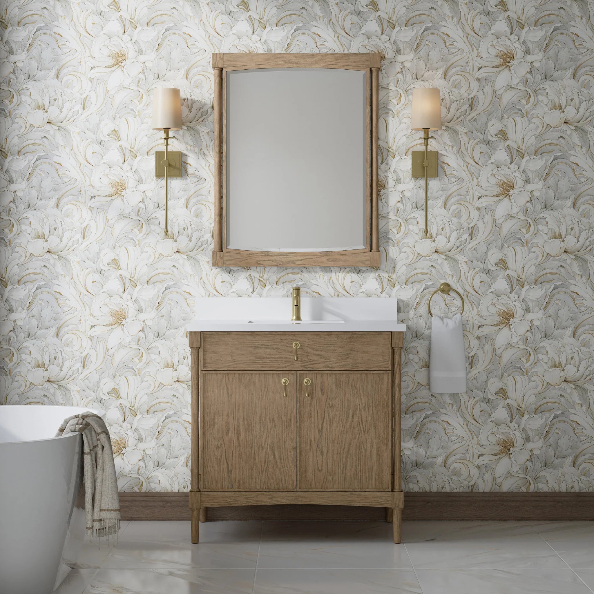 36" Kinnsden Single Vanity in Weathered Oak by James Martin Vanities-White Zeus Silestone & Backsplash 1