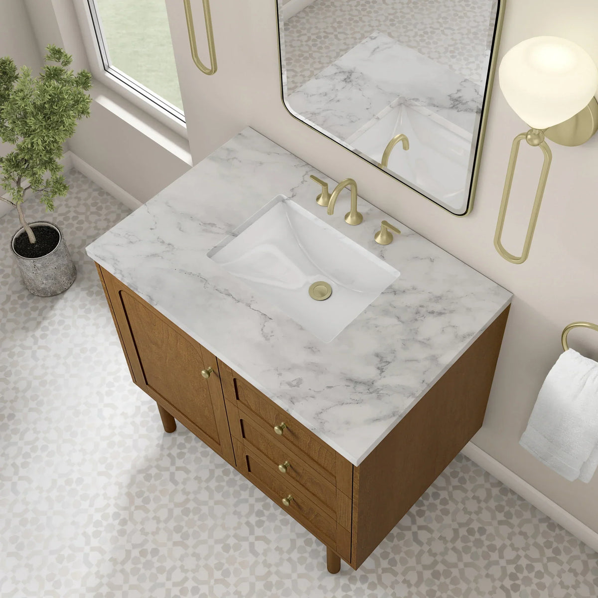 36" Laurent Single Vanity in Light Honey Oak-jmv-Carrara White Marble-8" Widespread image 11