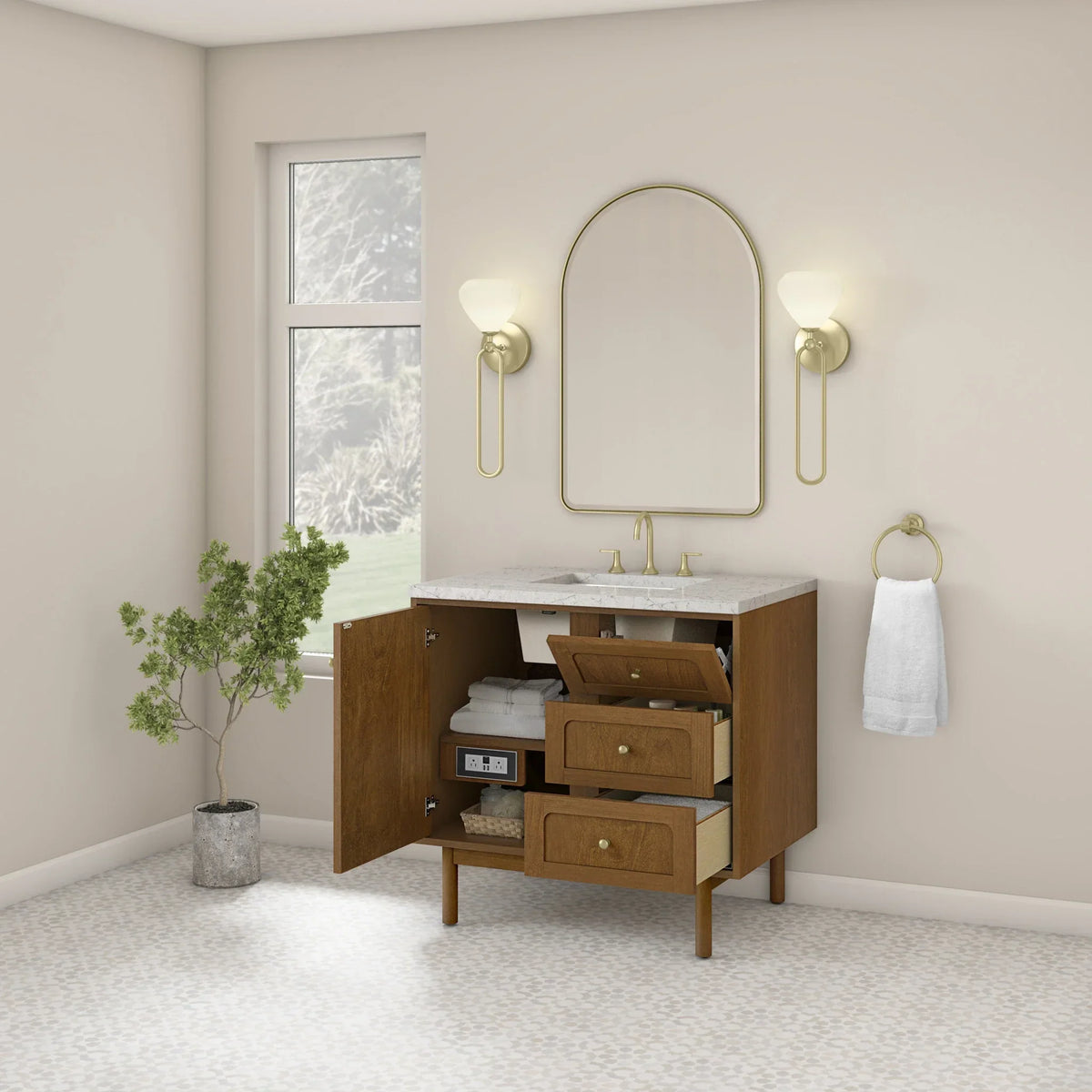 36" Laurent Single Vanity in Light Honey Oak-jmv-Eternal Jasmine Pearl Silestone-8" Widespread image 33