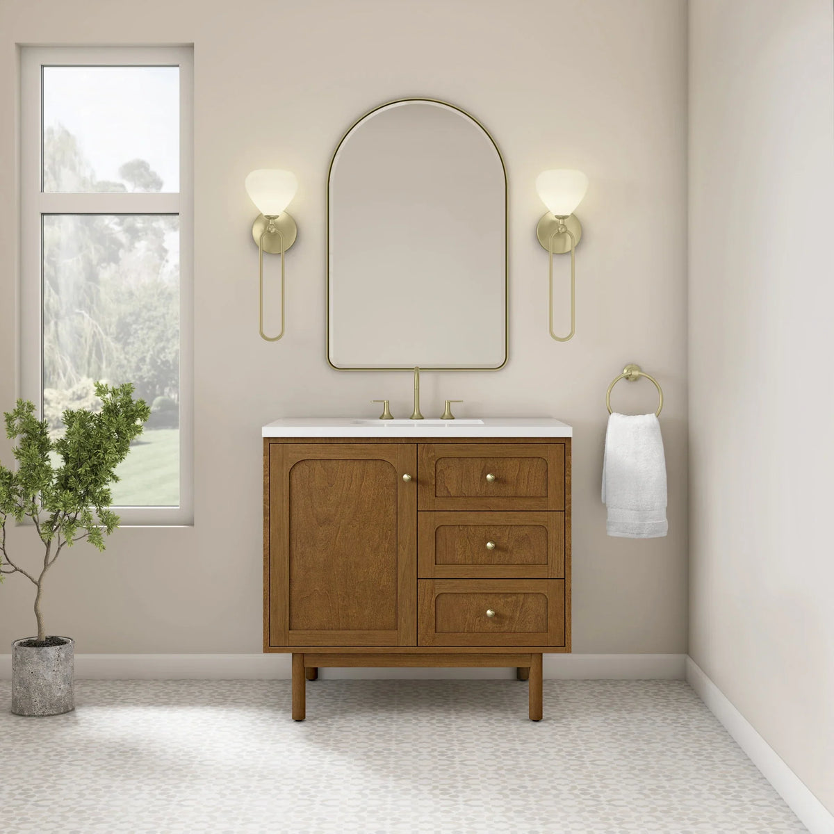 36" Laurent Single Vanity in Light Honey Oak-jmv-White Zeus Silestone-8" Widespread image 100