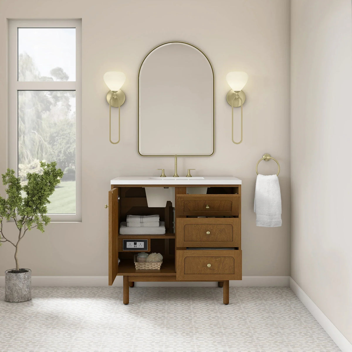 36" Laurent Single Vanity in Light Honey Oak-jmv-White Zeus Silestone-8" Widespread image 110