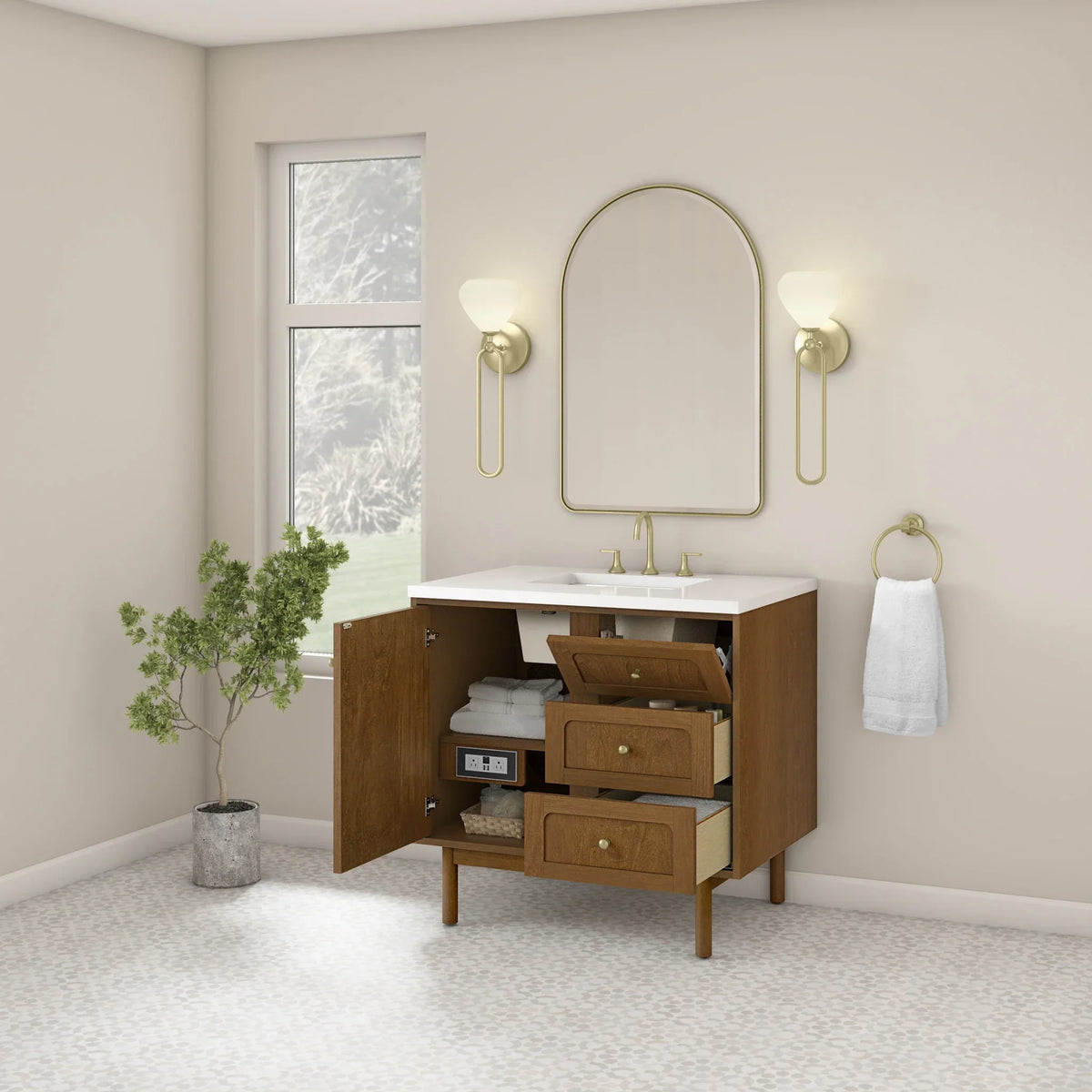 36" Laurent Single Vanity in Light Honey Oak-jmv-White Zeus Silestone-8" Widespread image 111