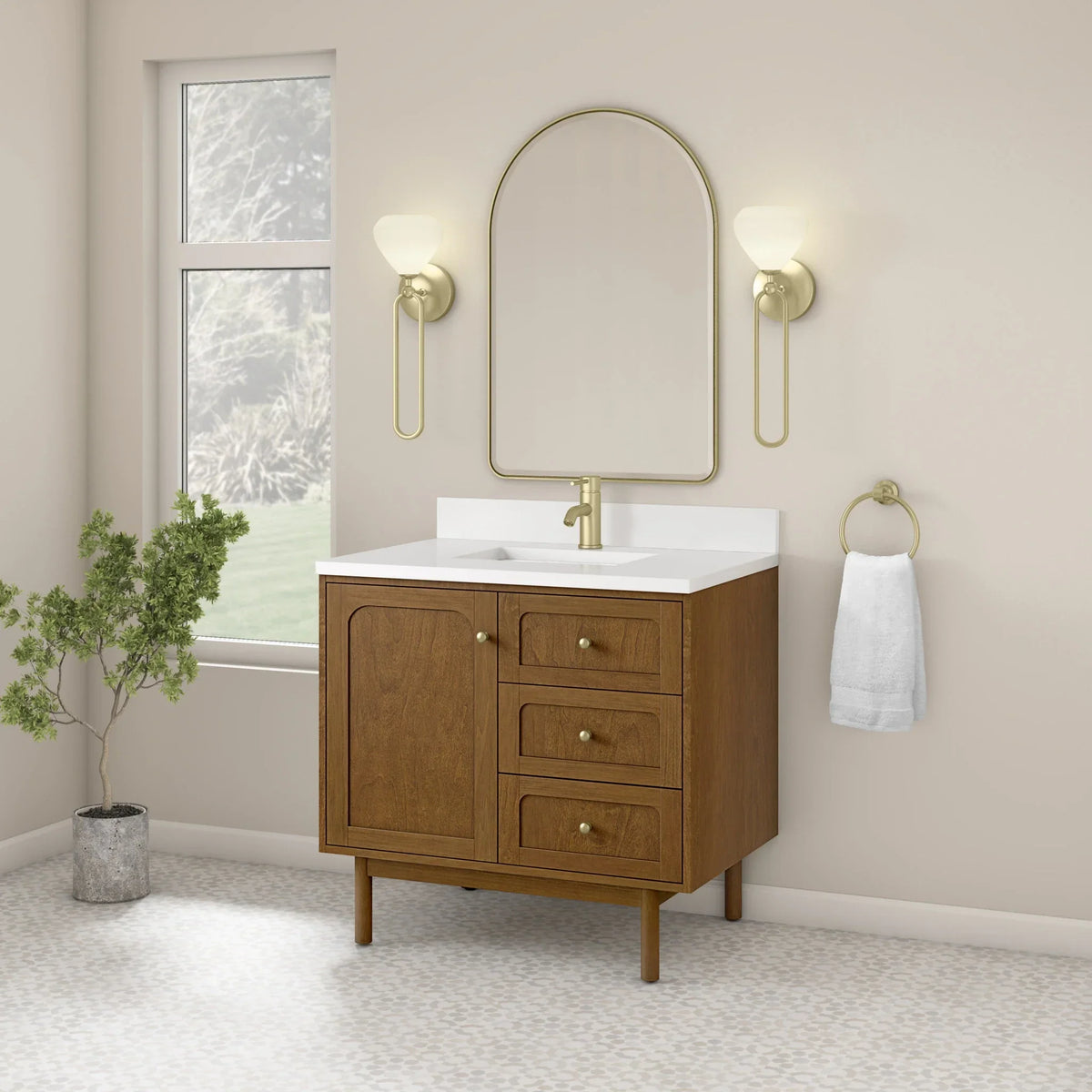36" Laurent Single Vanity in Light Honey Oak-jmv-White Zeus Silestone & Backsplash-Single Hole image 3