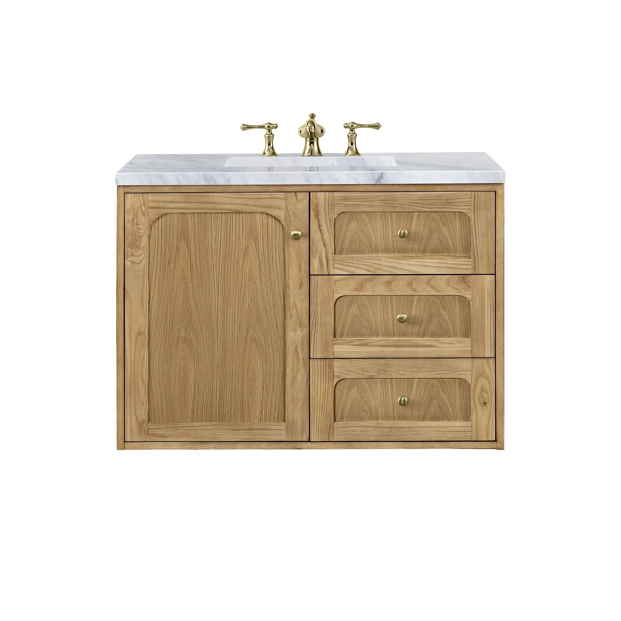 36" Laurent Single Vanity in Light Natural Oak-Carrara White Marble-8" Widespread image 1
