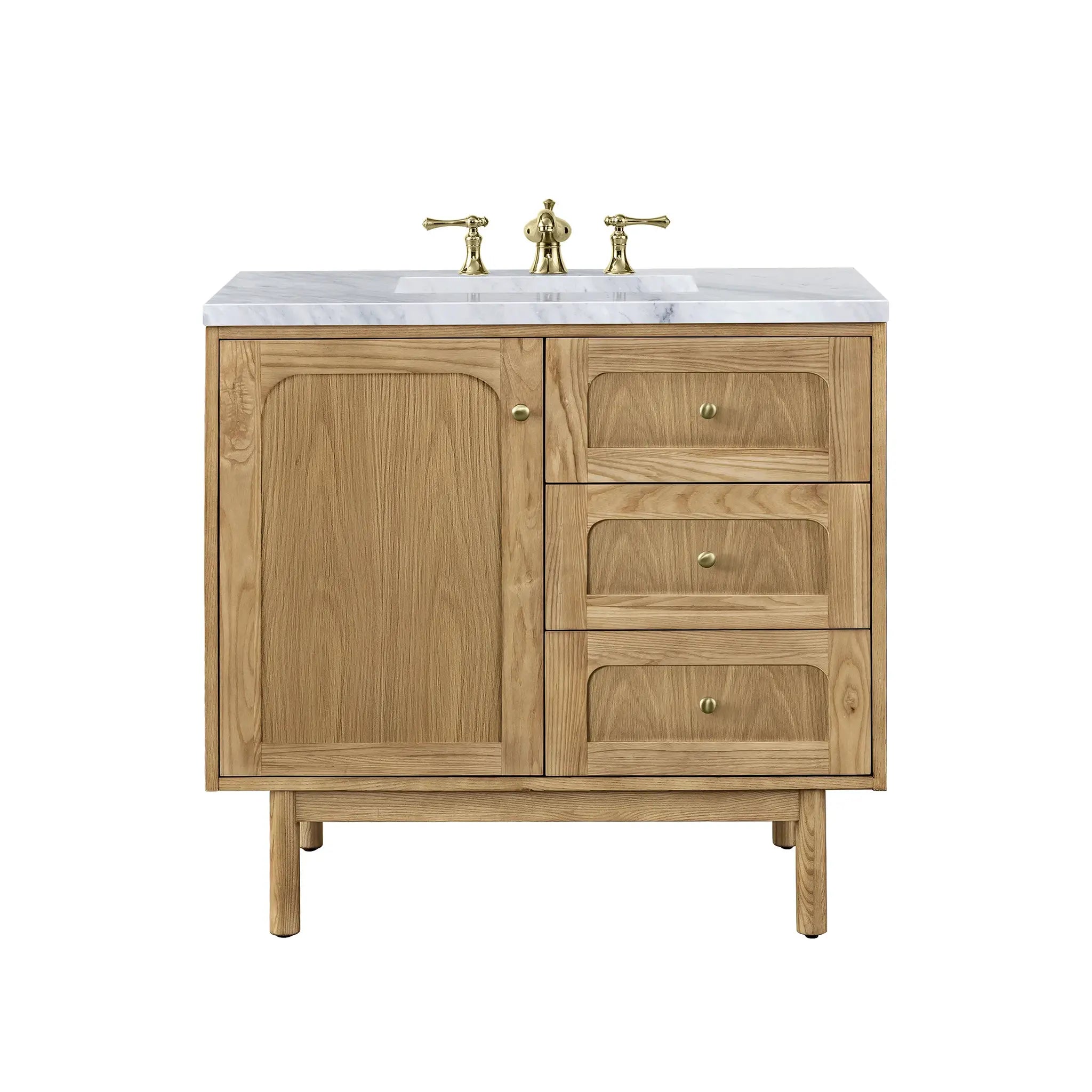 36" Laurent Single Vanity in Light Natural Oak-Carrara White Marble-8" Widespread image