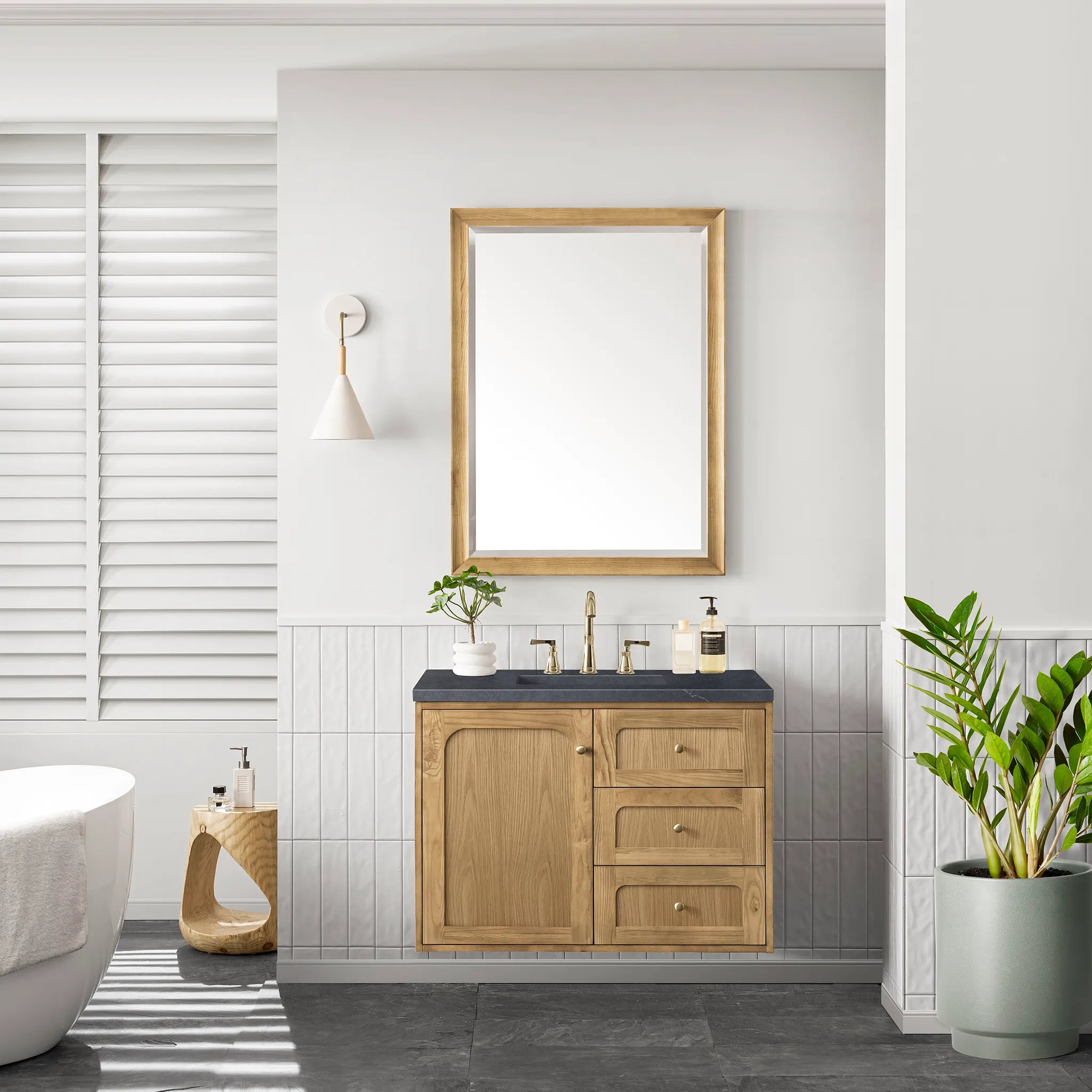 36" Laurent Single Vanity in Light Natural Oak-Charcoal Soapstone Silestone-8" Widespread image 2