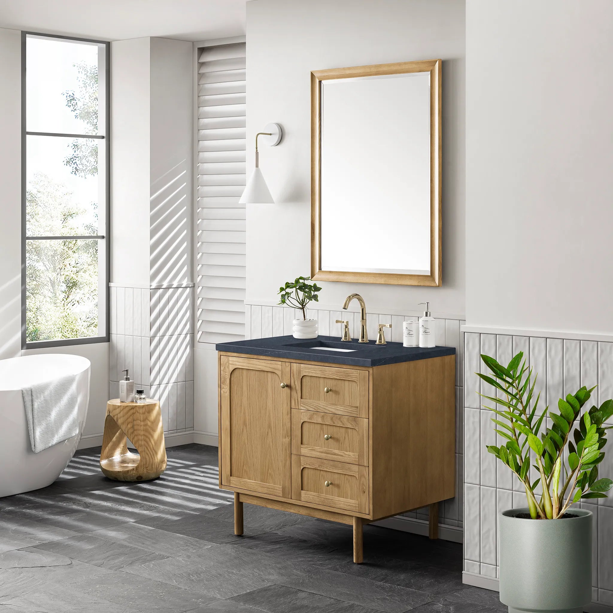 36" Laurent Single Vanity in Light Natural Oak-Charcoal Soapstone Silestone-8" Widespread image 3
