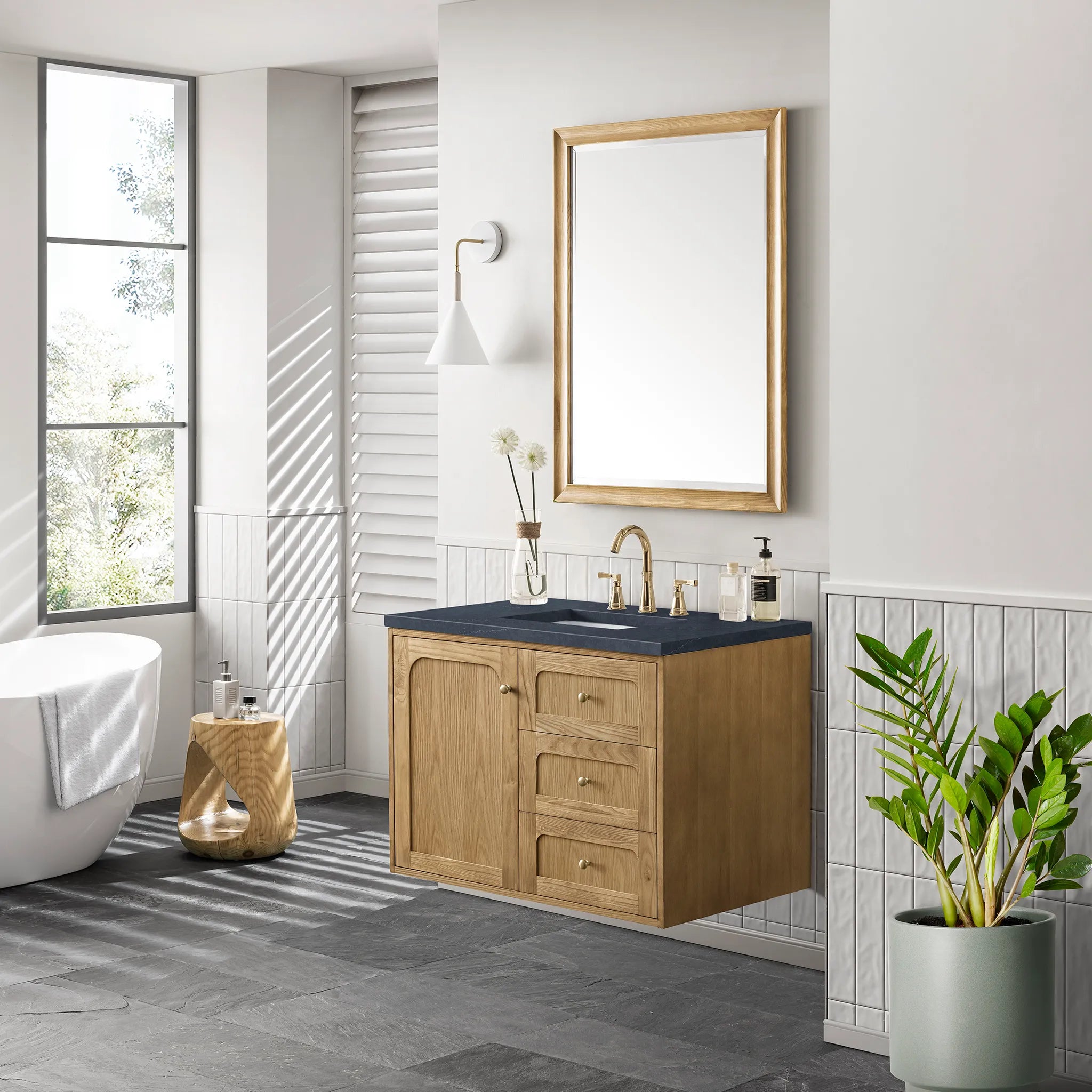 36" Laurent Single Vanity in Light Natural Oak-Charcoal Soapstone Silestone-8" Widespread image 4