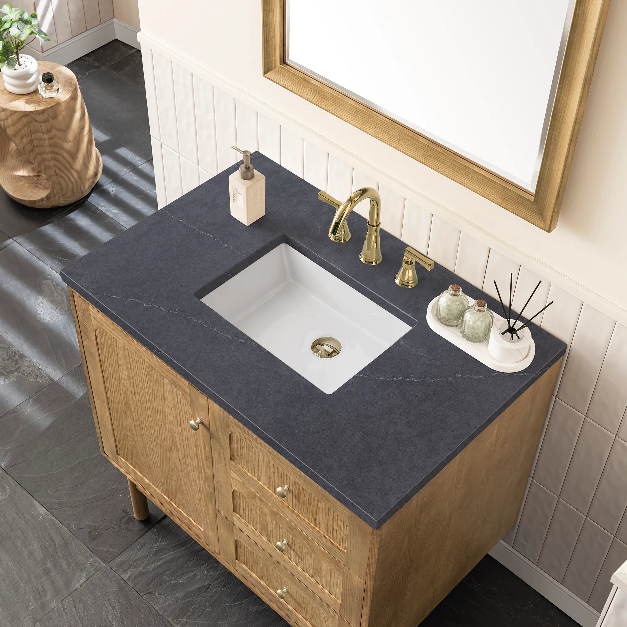 36" Laurent Single Vanity in Light Natural Oak-Charcoal Soapstone Silestone-8" Widespread image 7