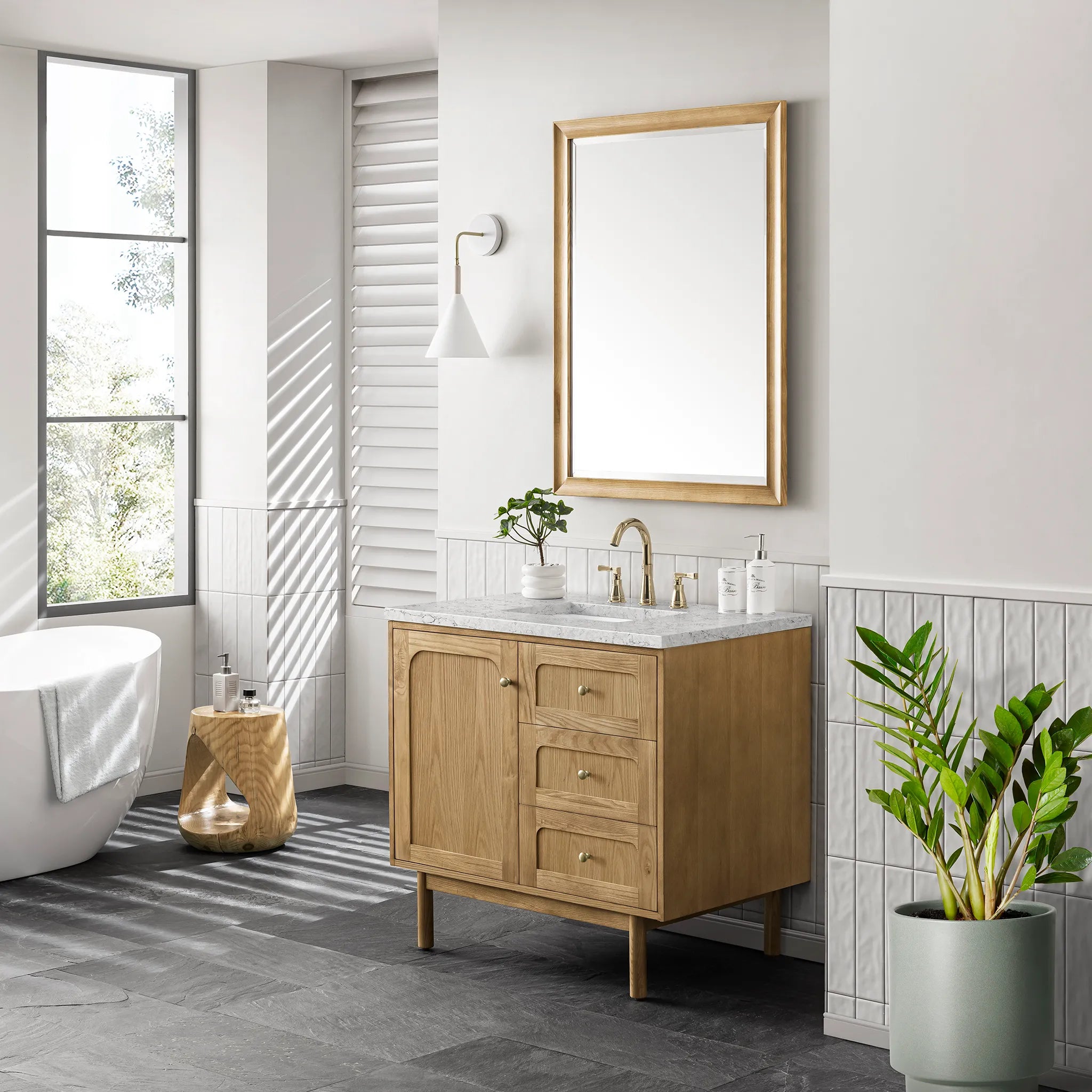 36" Laurent Single Vanity in Light Natural Oak-Eternal Jasmine Pearl Silestone-8" Widespread image 3