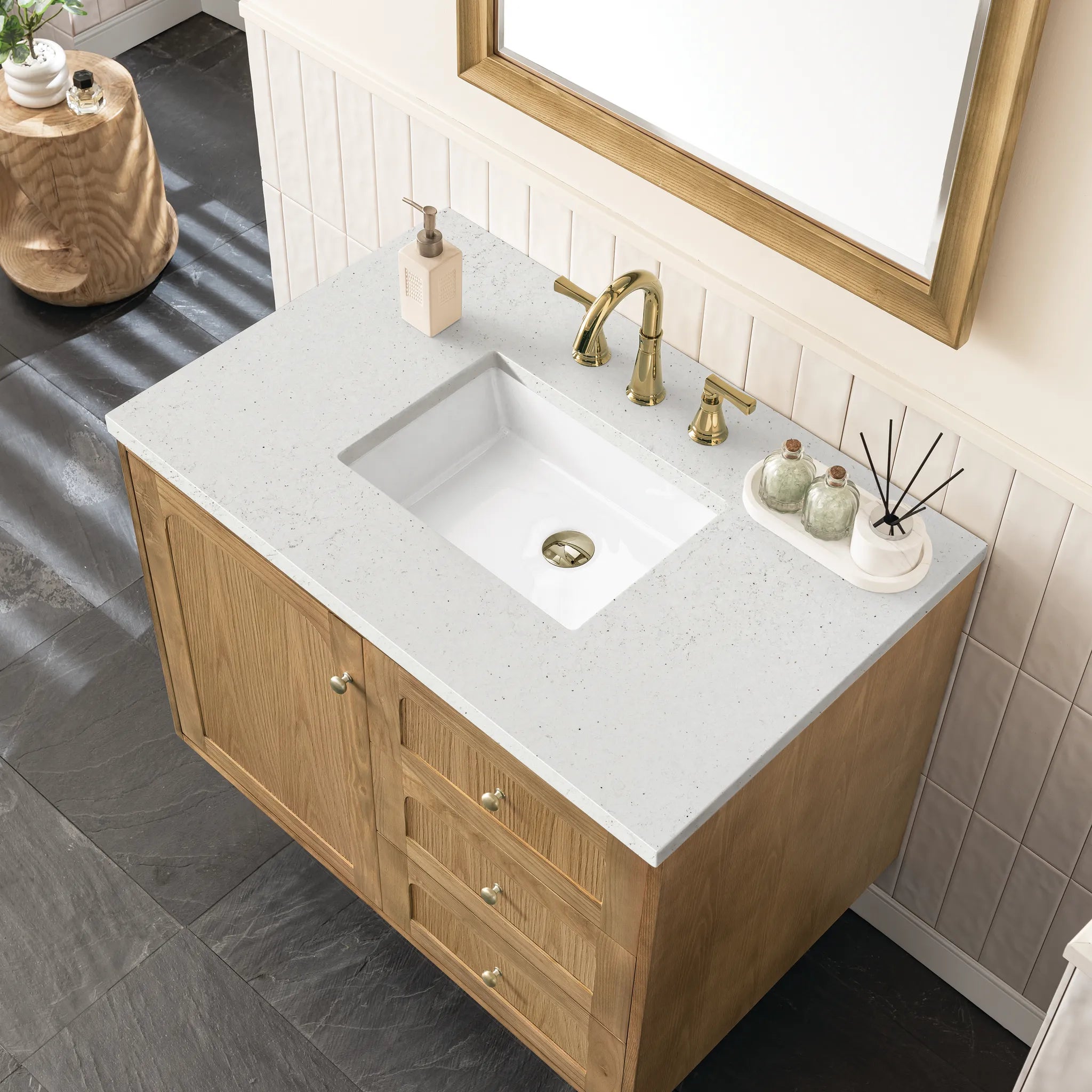 36" Laurent Single Vanity in Light Natural Oak-Lime Delight Silestone-8" Widespread image 10