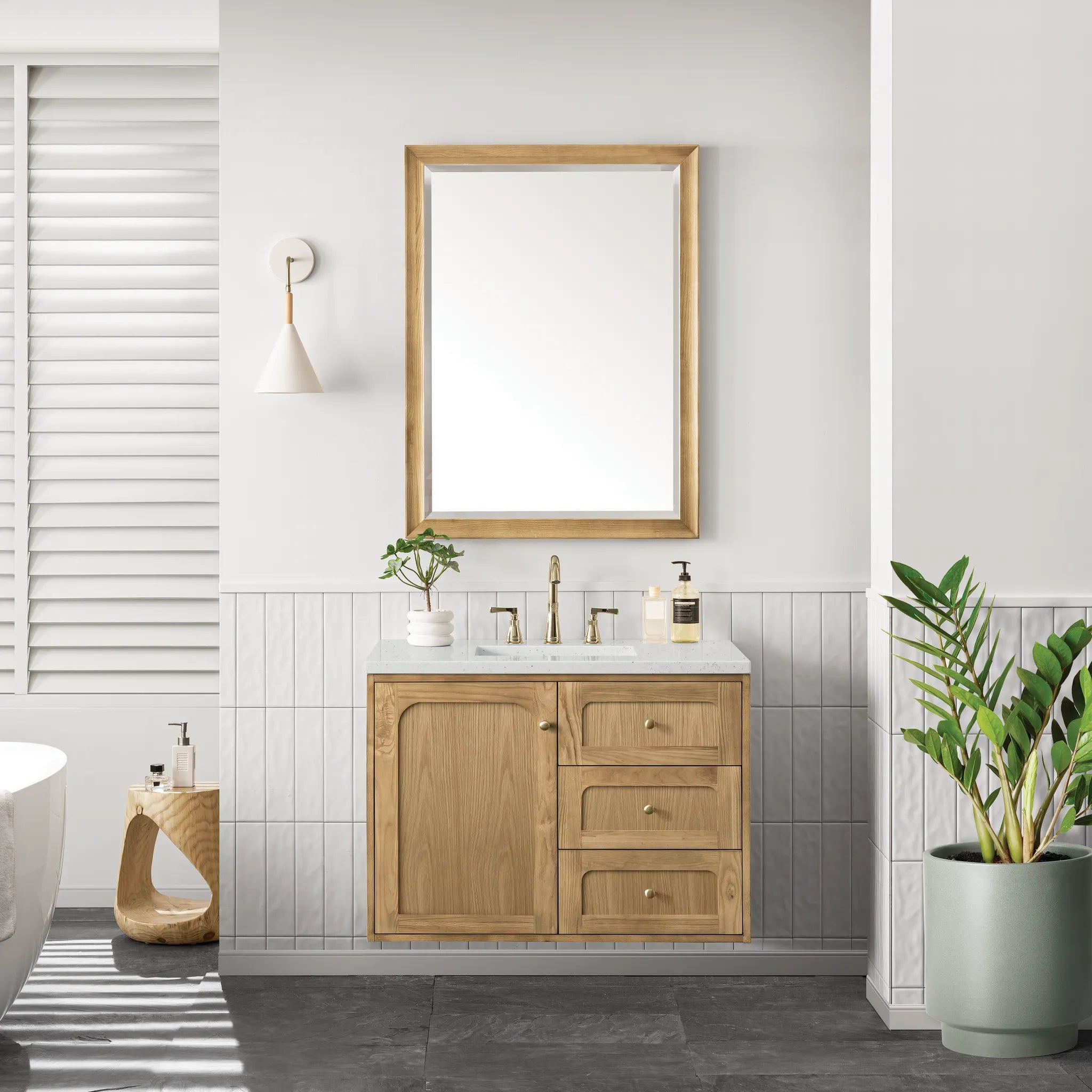 36" Laurent Single Vanity in Light Natural Oak-Lime Delight Silestone-8" Widespread image 3
