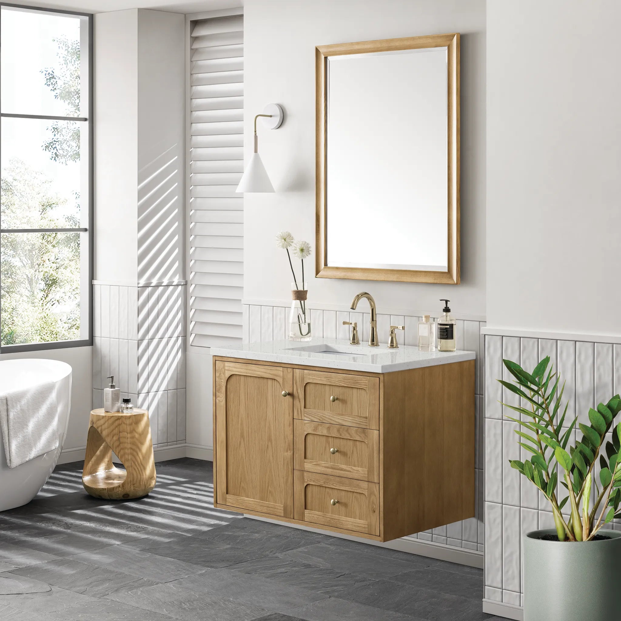 36" Laurent Single Vanity in Light Natural Oak-Lime Delight Silestone-8" Widespread image 5