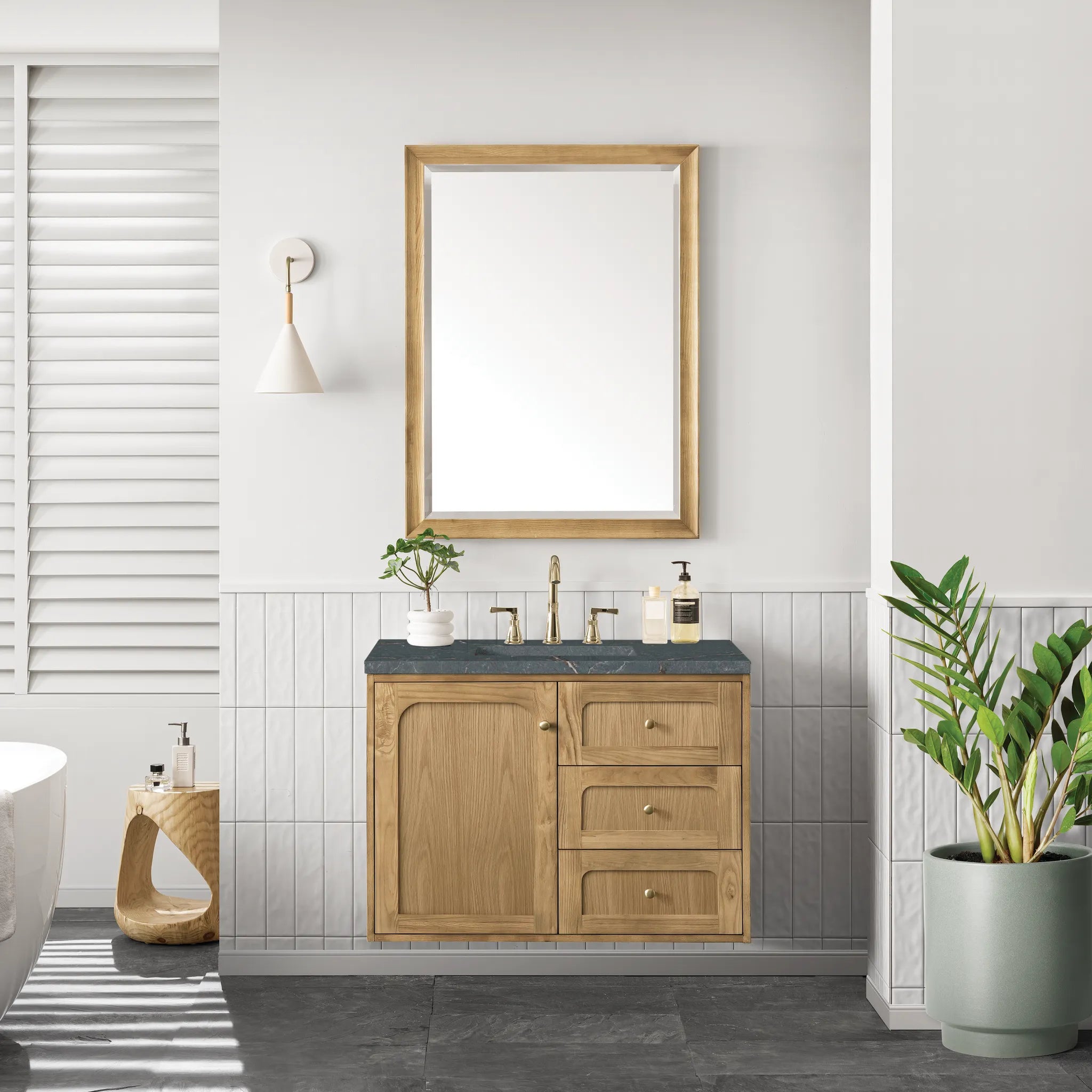 36" Laurent Single Vanity in Light Natural Oak-Parisien Bleu Silestone-8" Widespread image 3