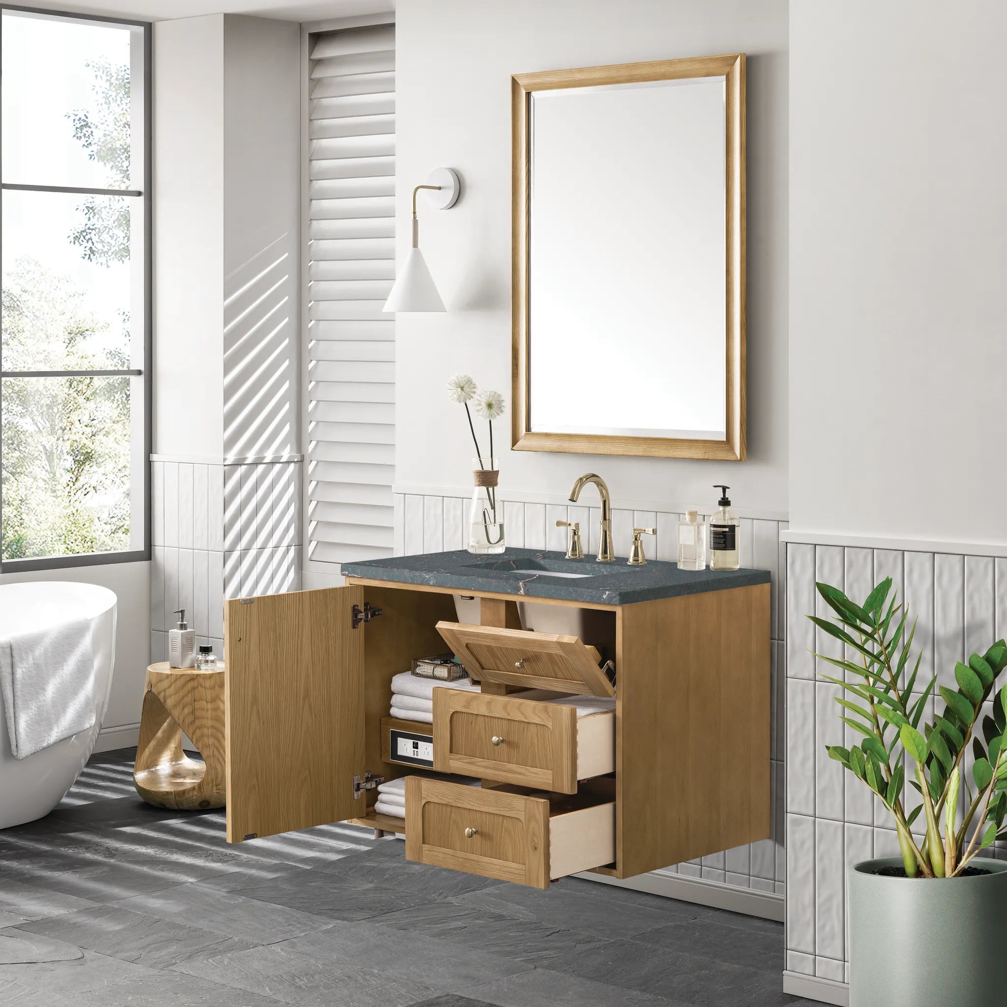 36" Laurent Single Vanity in Light Natural Oak-Parisien Bleu Silestone-8" Widespread image 7