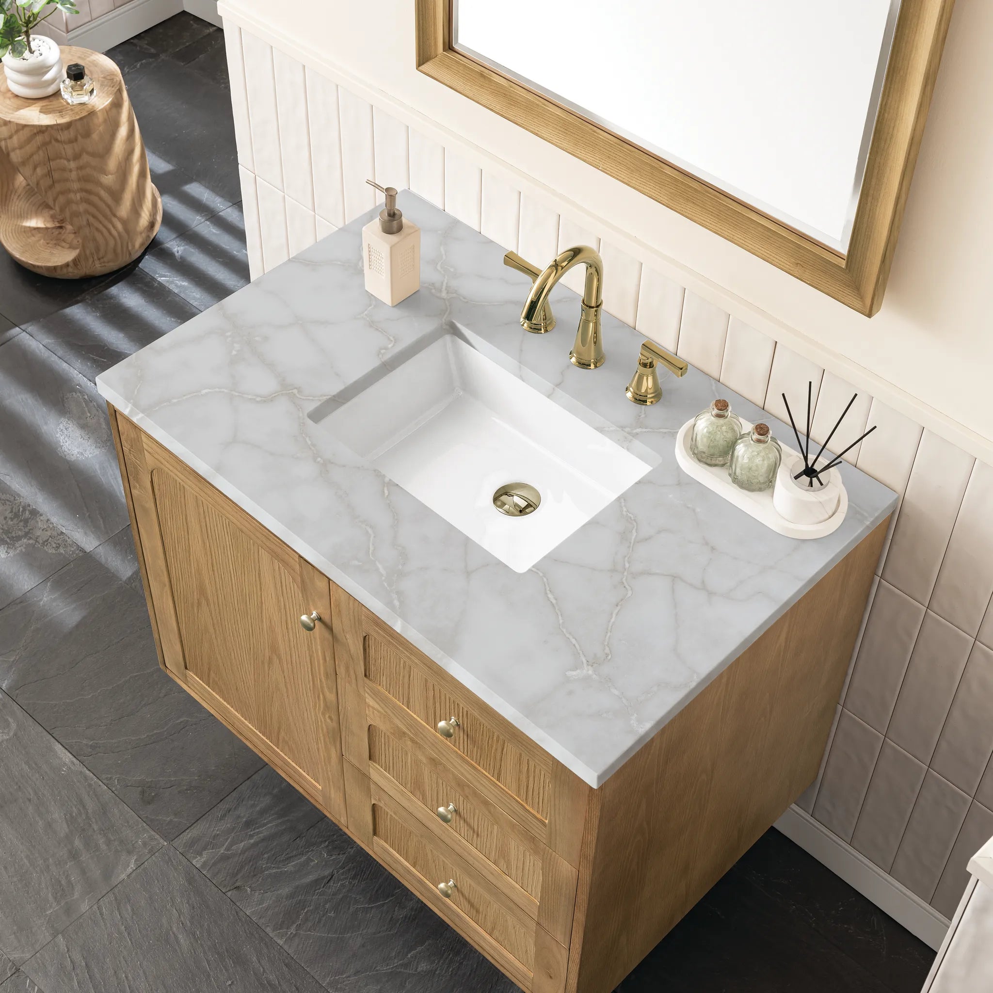 36" Laurent Single Vanity in Light Natural Oak-Victorian Silver Silestone-8" Widespread image 10