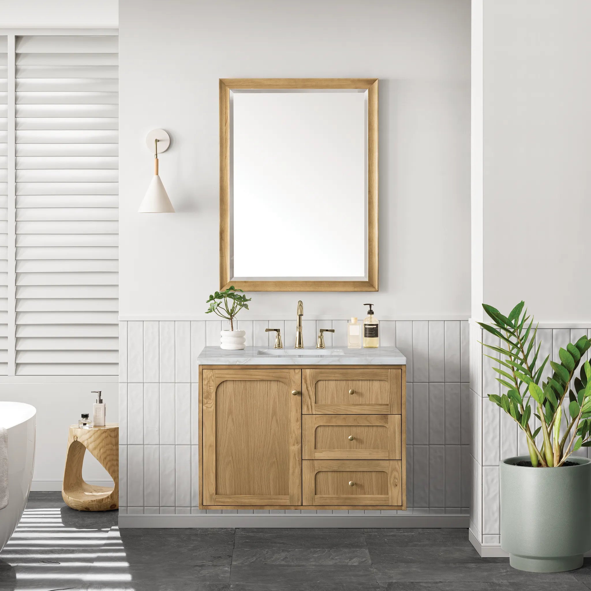 36" Laurent Single Vanity in Light Natural Oak-Victorian Silver Silestone-8" Widespread image 3