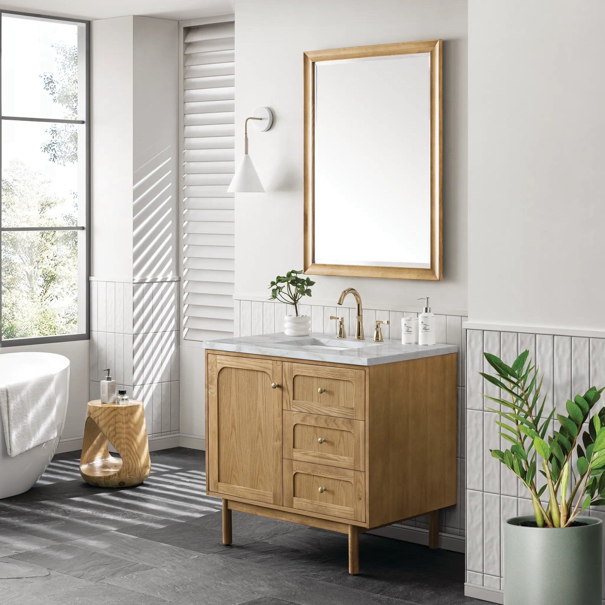 36" Laurent Single Vanity in Light Natural Oak-Victorian Silver Silestone-8" Widespread image 4