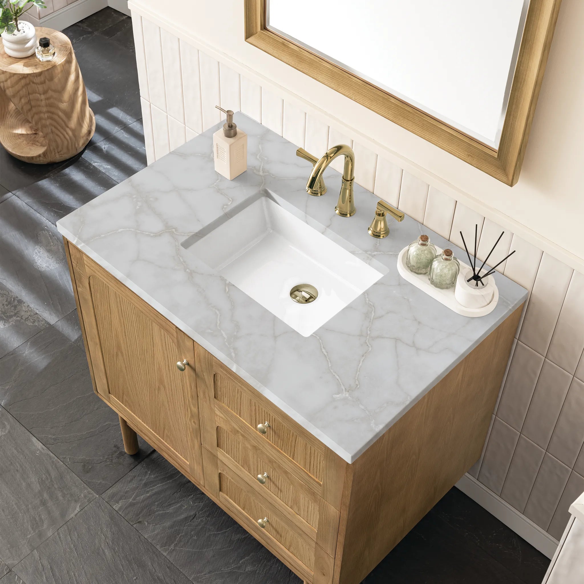 36" Laurent Single Vanity in Light Natural Oak-Victorian Silver Silestone-8" Widespread image 9