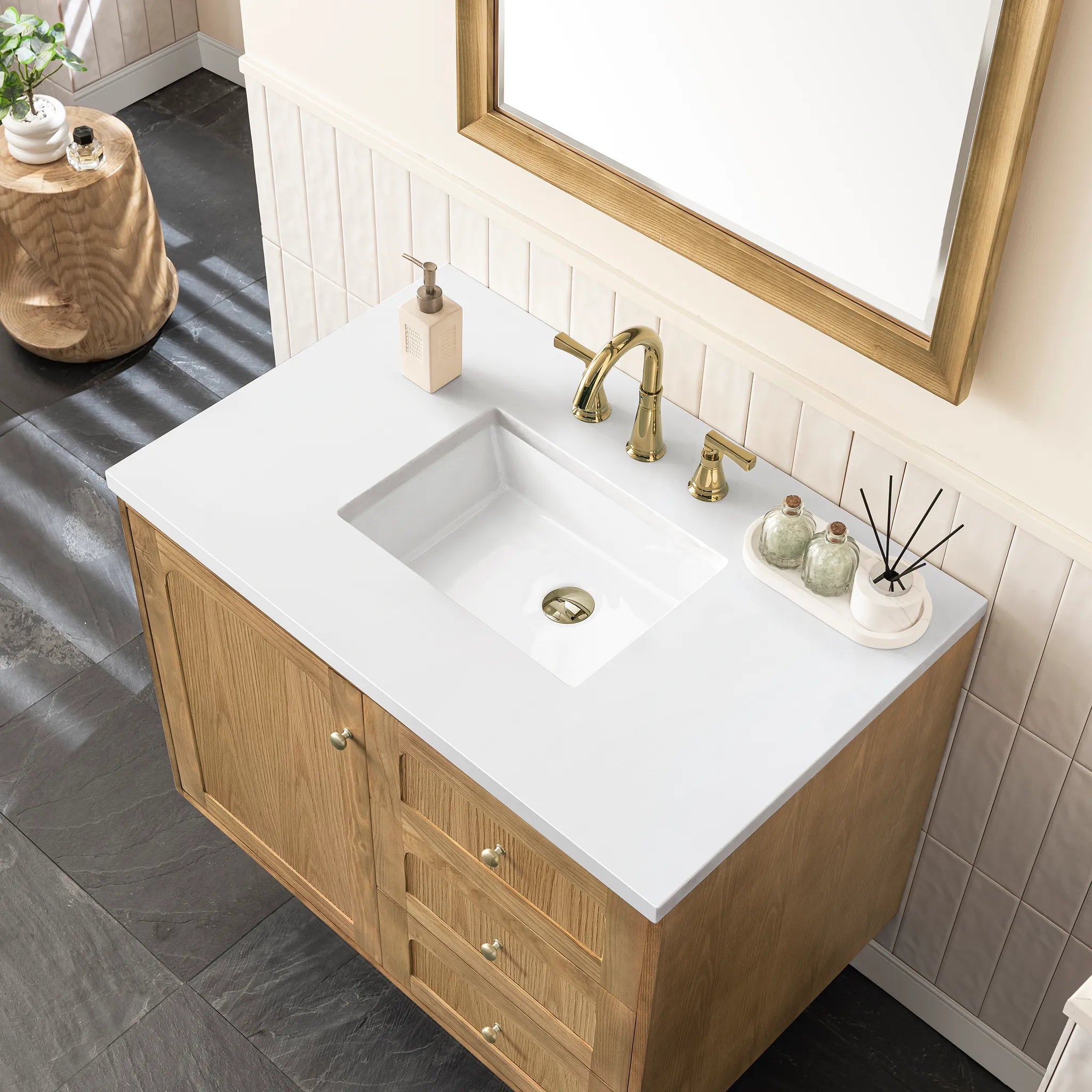 36" Laurent Single Vanity in Light Natural Oak-White Zeus Silestone-8" Widespread image 12