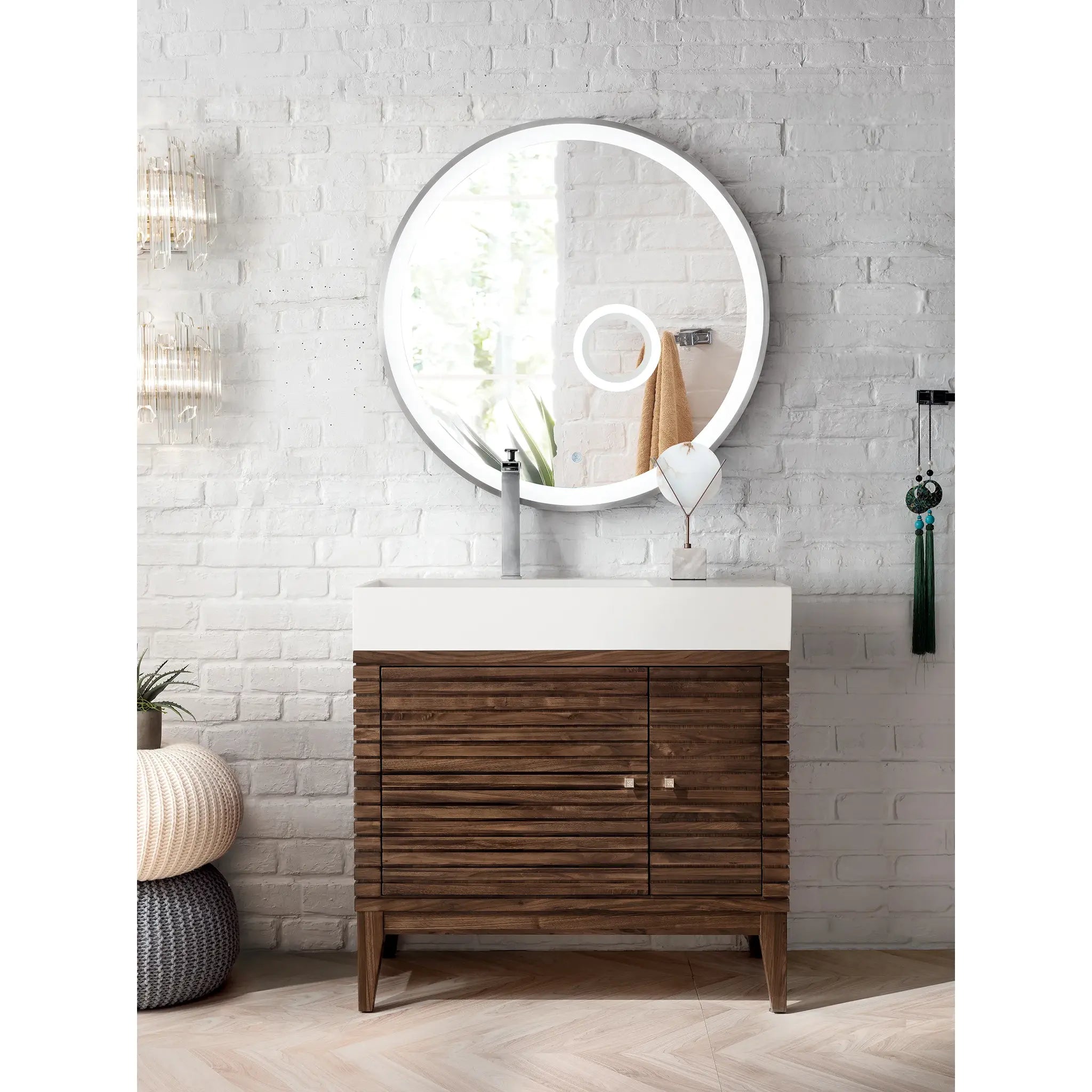 36" Linear Single Vanity in Mid-Century Walnut-Glossy White image 1