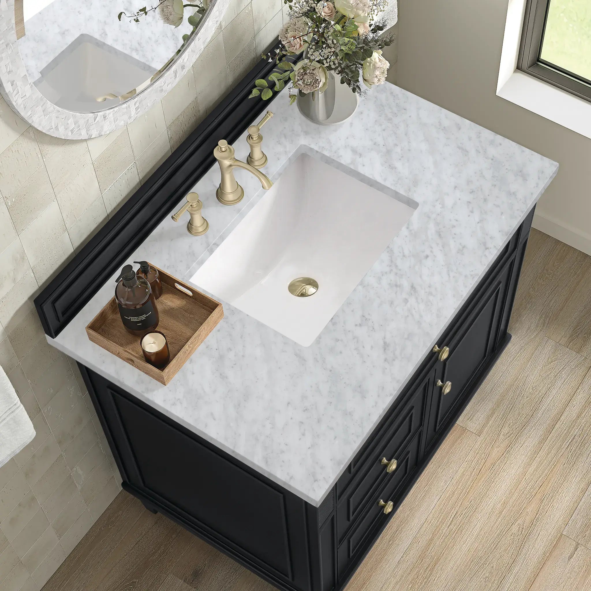 36" Lorelai Single Vanity in Black Onyx-Carrara White Marble-8" Widespread image 6