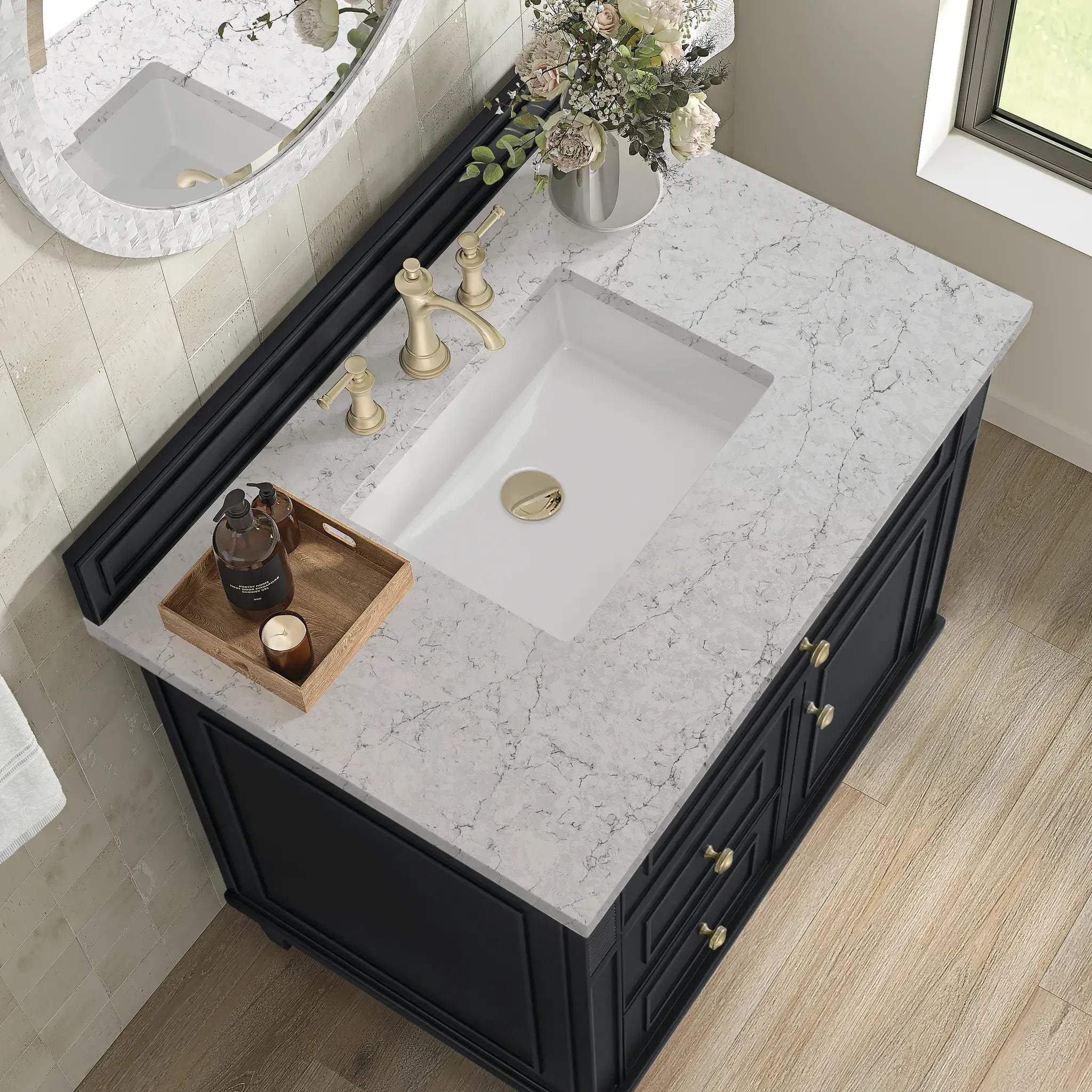 36" Lorelai Single Vanity in Black Onyx-Eternal Jasmine Pearl Silestone-8" Widespread image 6
