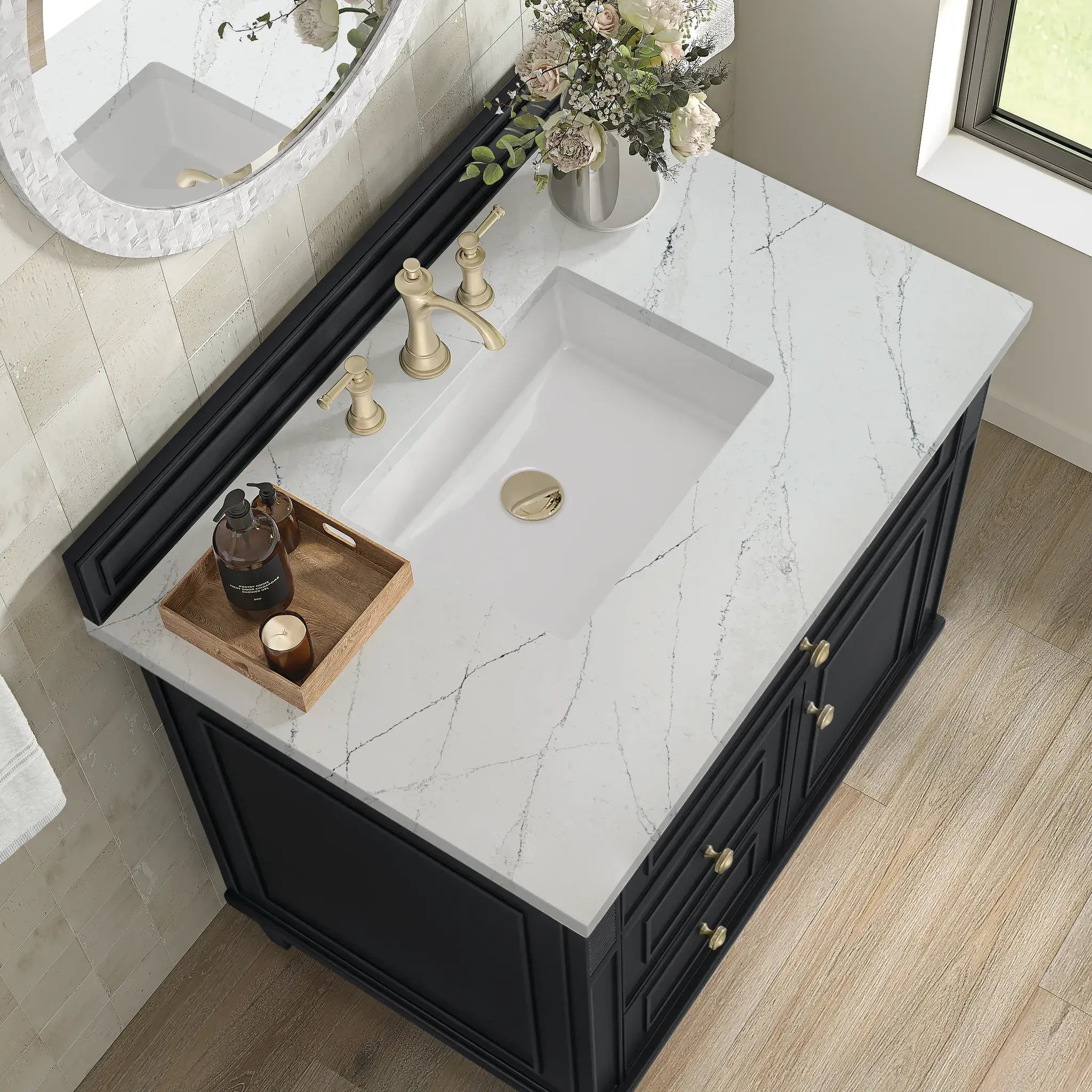 36" Lorelai Single Vanity in Black Onyx-Ethereal Noctis Silestone-8" Widespread image 6