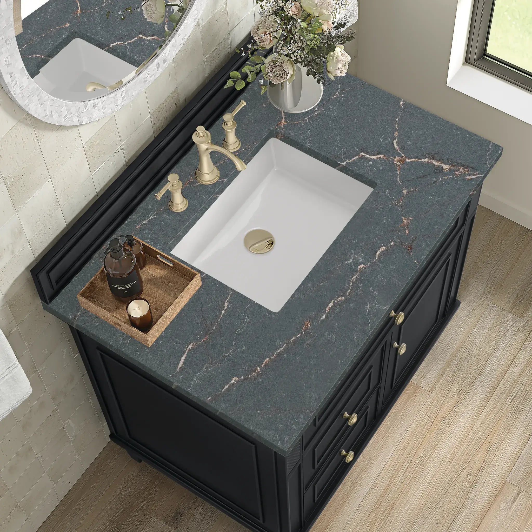 36" Lorelai Single Vanity in Black Onyx-Parisien Bleu Silestone-8" Widespread image 6