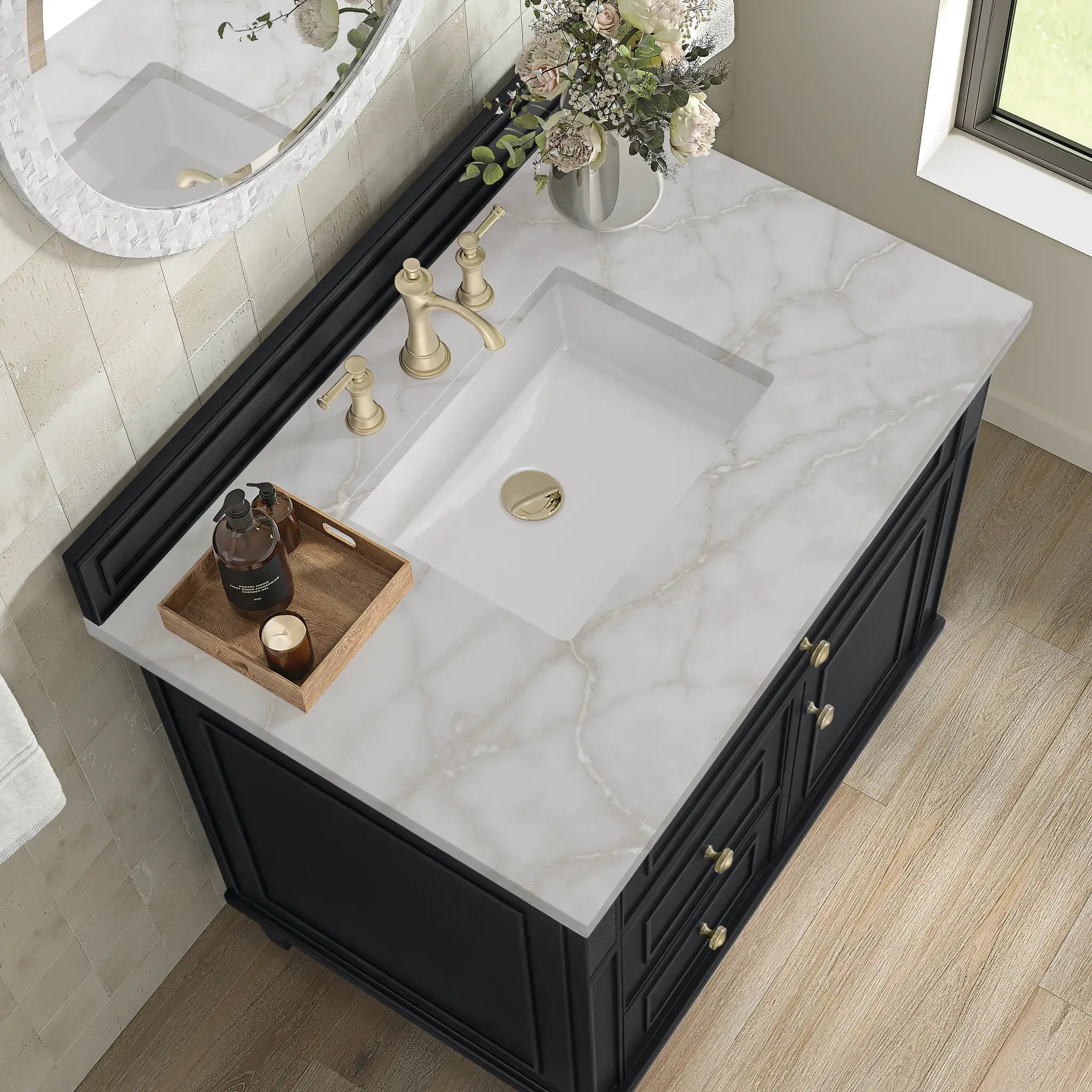 36" Lorelai Single Vanity in Black Onyx-Victorian Silver Silestone-8" Widespread image 6