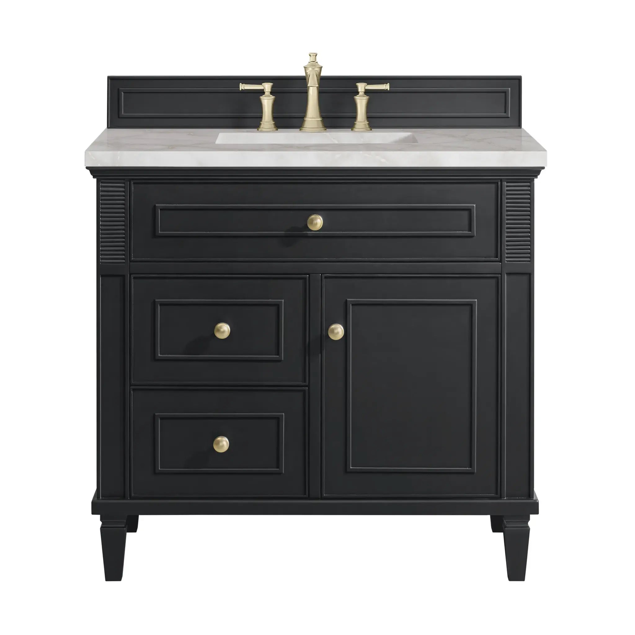 36" Lorelai Single Vanity in Black Onyx-Victorian Silver Silestone-8" Widespread image