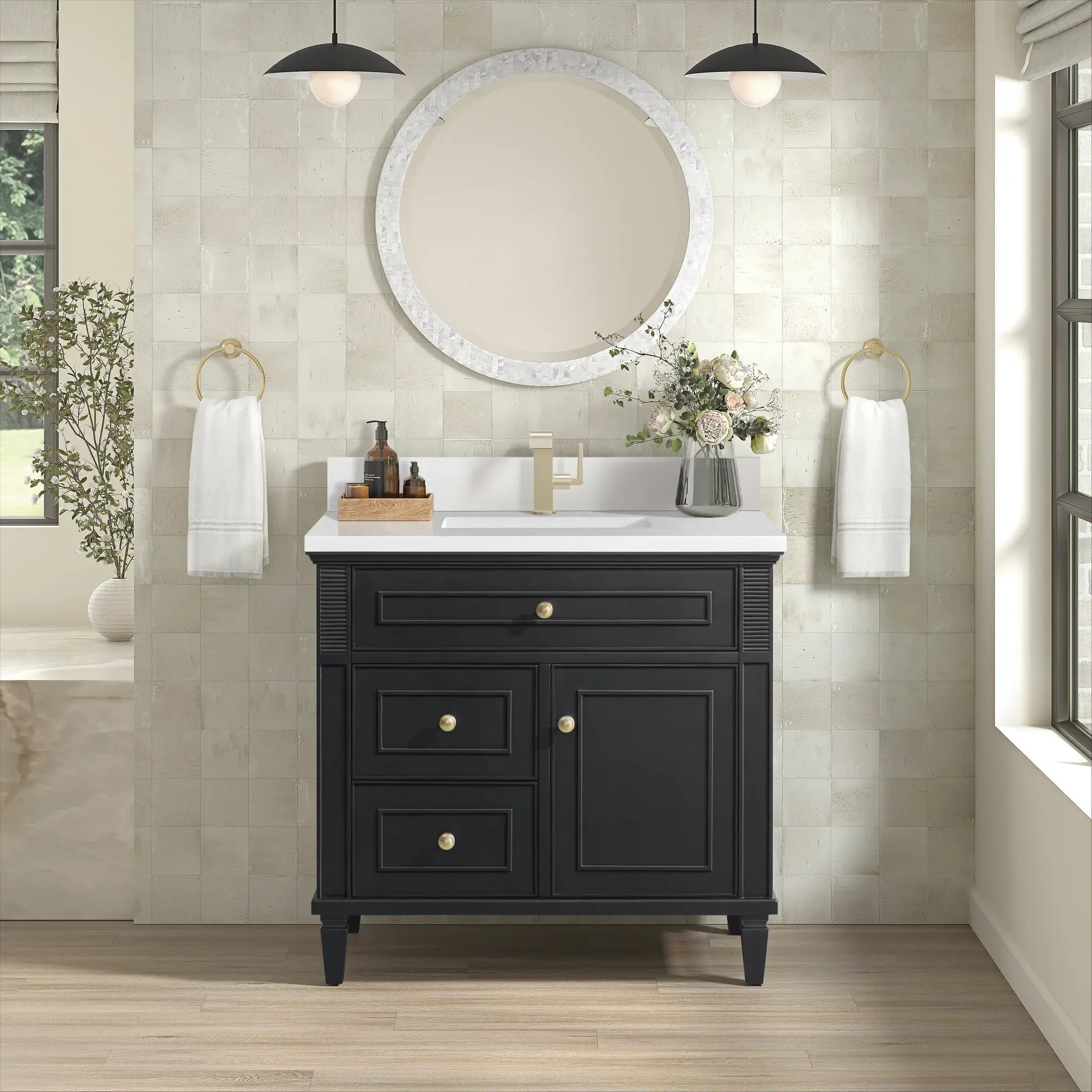 36" Lorelai Single Vanity in Black Onyx-White Zeus Silestone & Backsplash-Single Hole image 1
