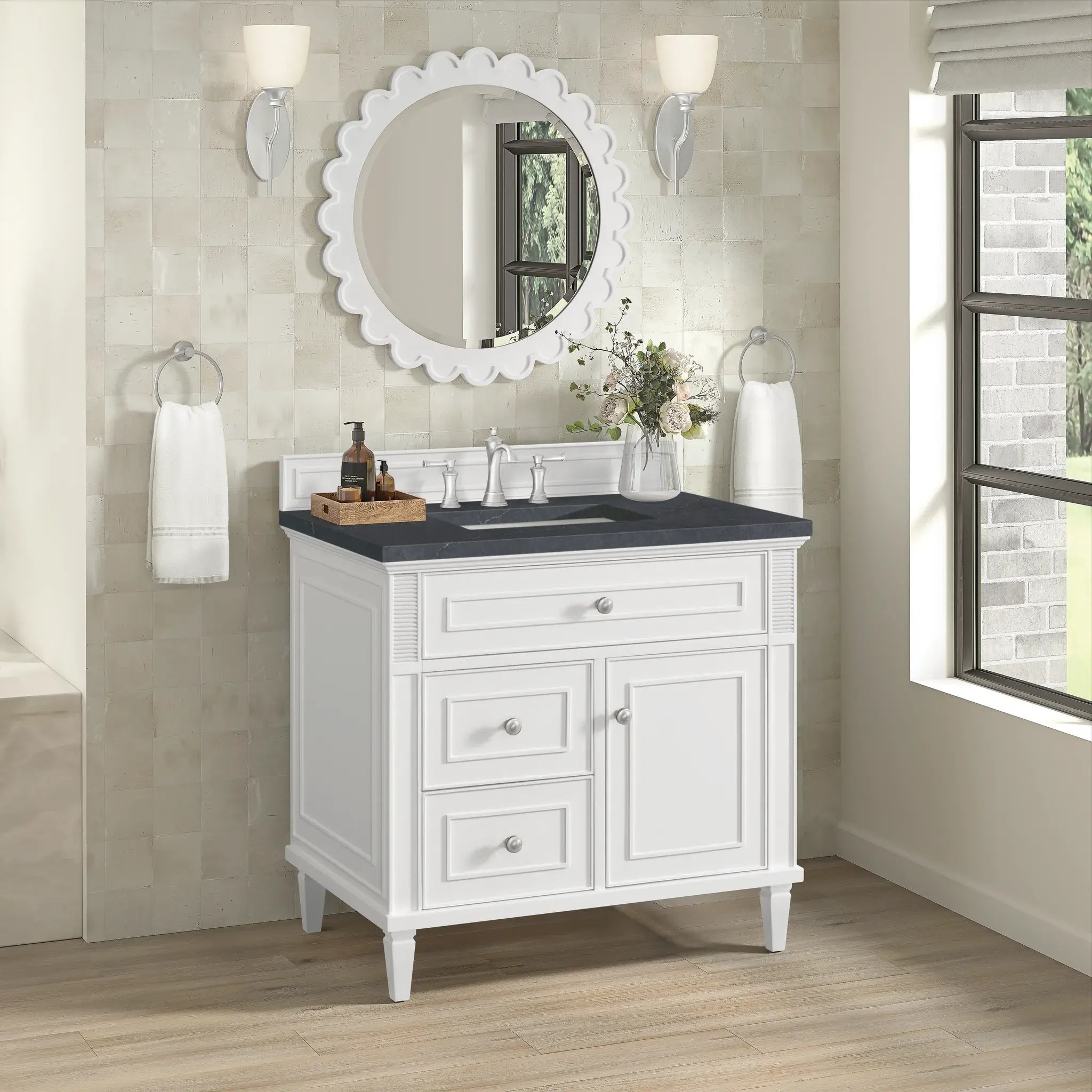 36" Lorelai Single Vanity in Bright White-Charcoal Soapstone Silestone-8" Widespread image 3