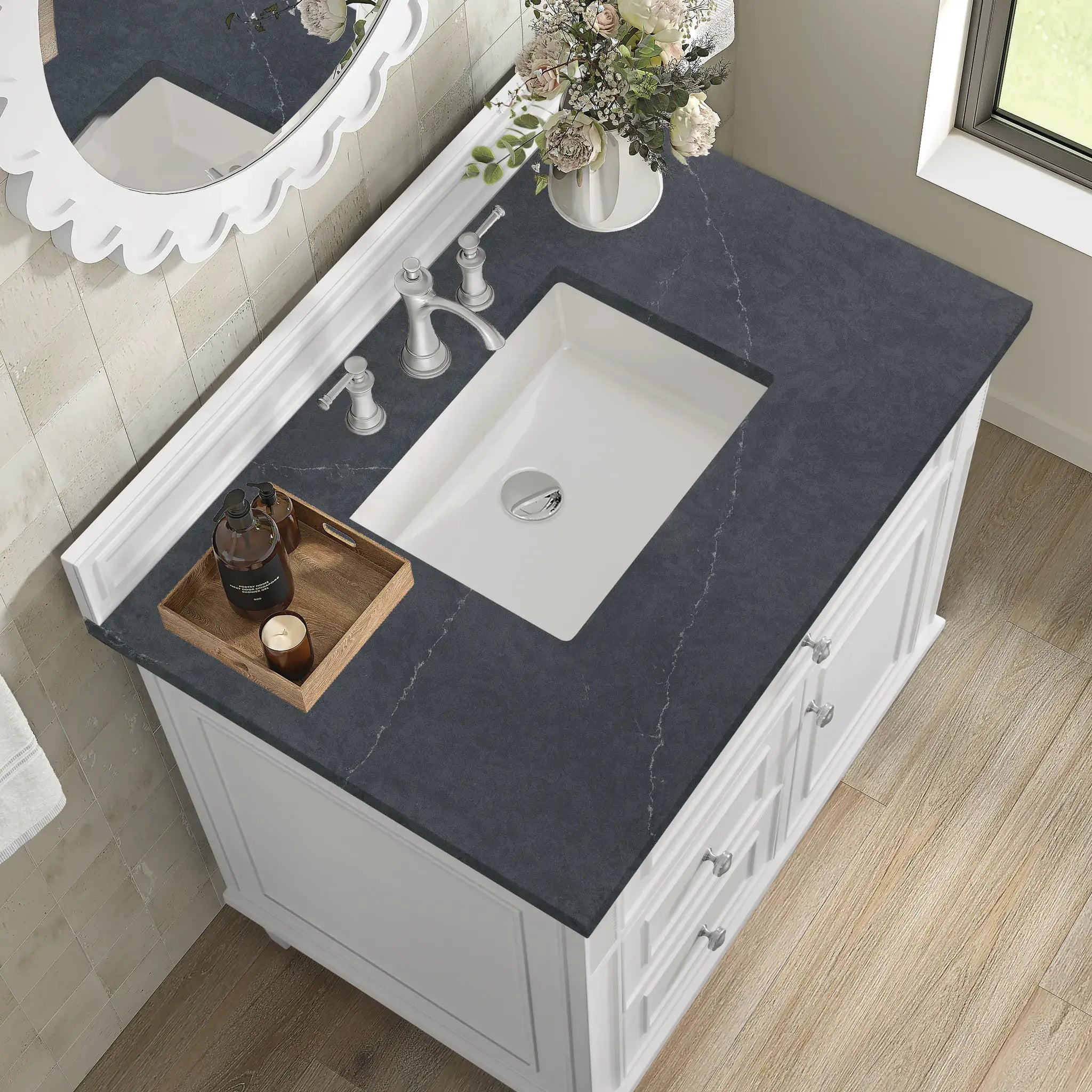 36" Lorelai Single Vanity in Bright White-Charcoal Soapstone Silestone-8" Widespread image 6