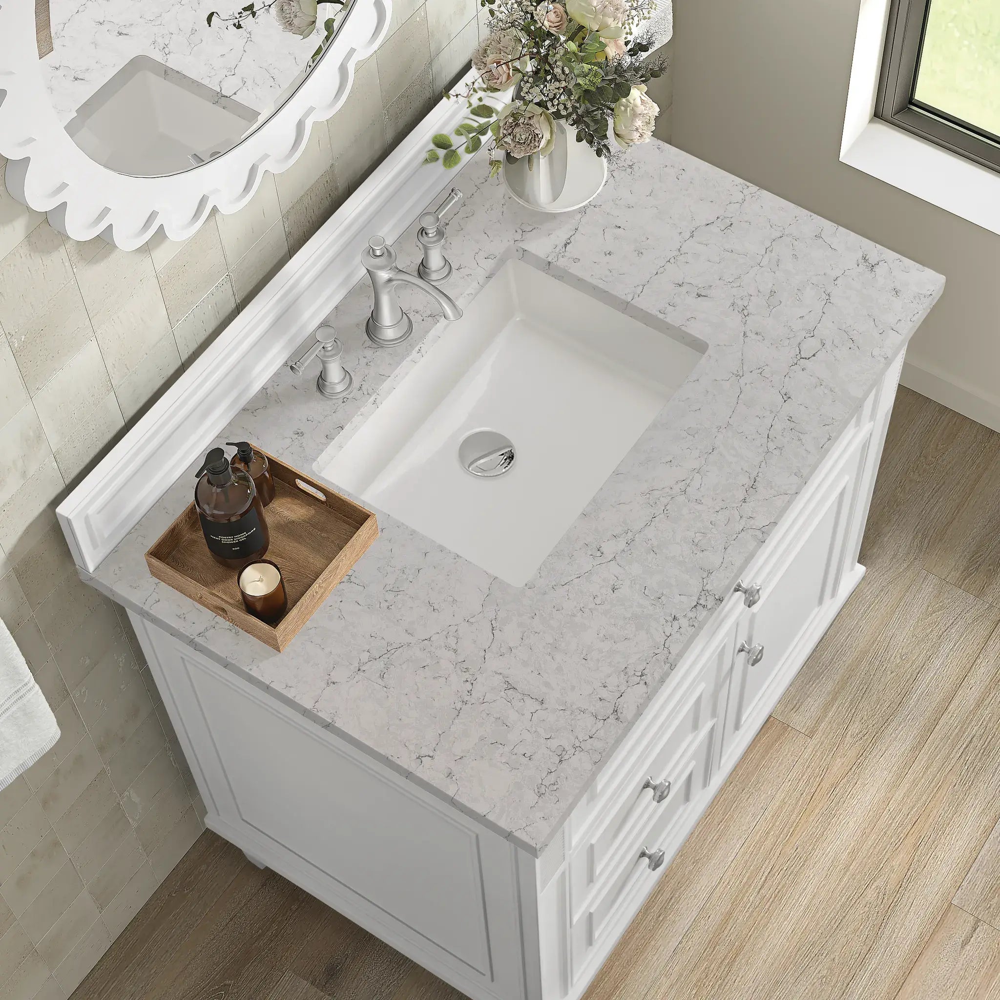 36" Lorelai Single Vanity in Bright White-Eternal Jasmine Pearl Silestone-8" Widespread image 6
