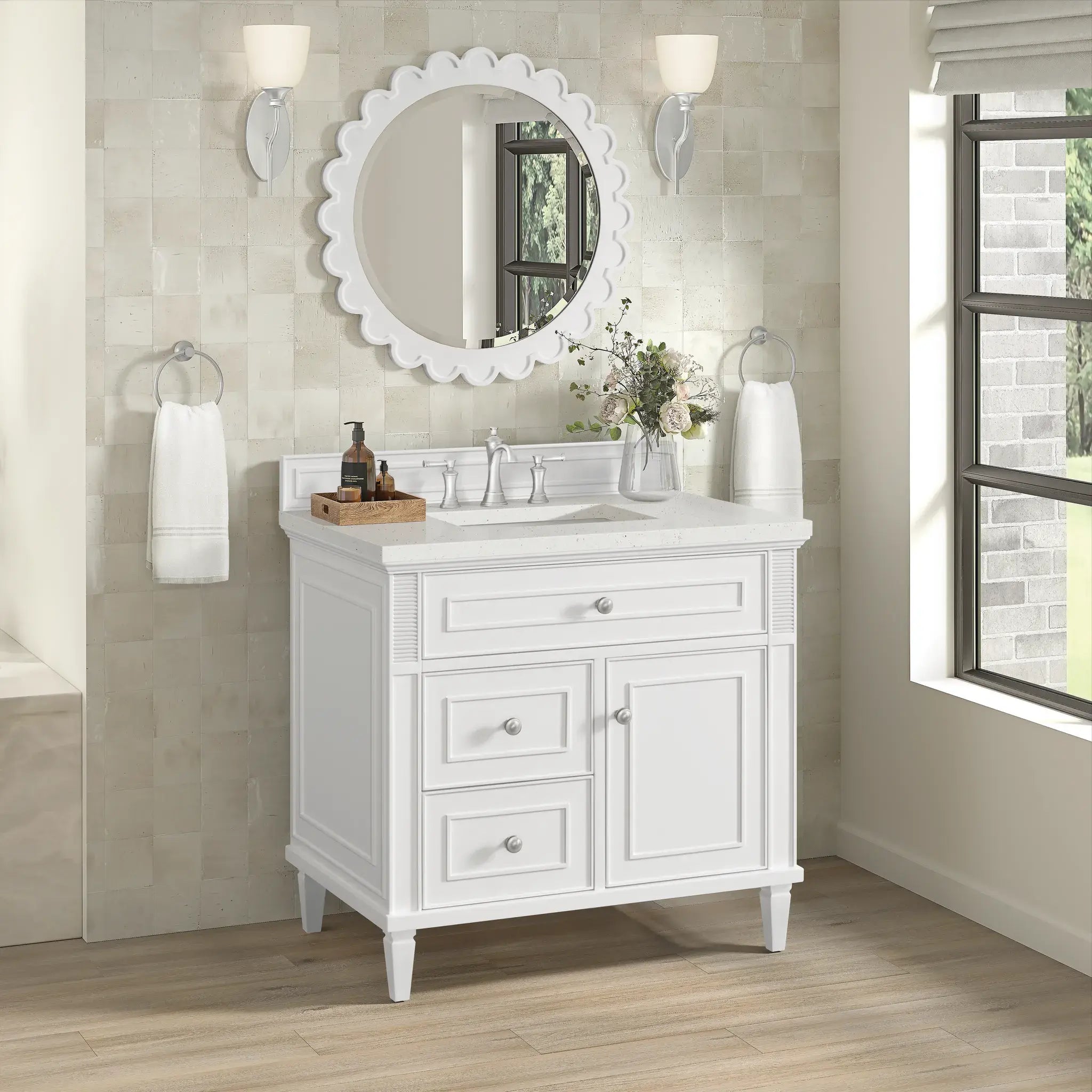 36" Lorelai Single Vanity in Bright White-Lime Delight Silestone-8" Widespread image 3