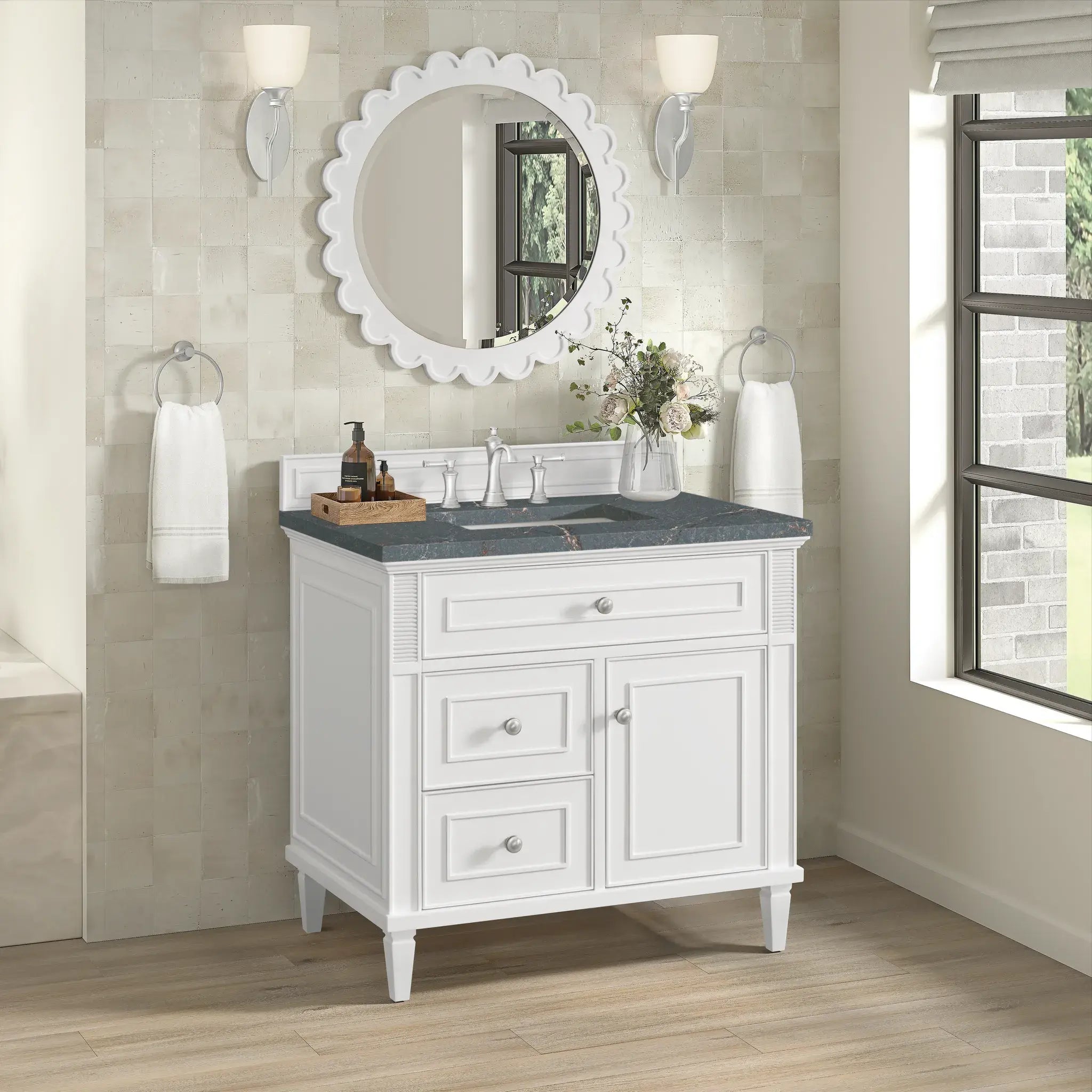 36" Lorelai Single Vanity in Bright White-Parisien Bleu Silestone-8" Widespread image 3