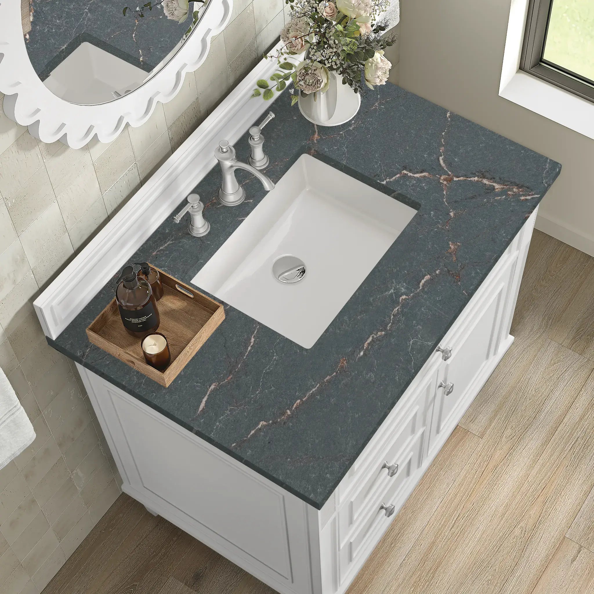 36" Lorelai Single Vanity in Bright White-Parisien Bleu Silestone-8" Widespread image 6