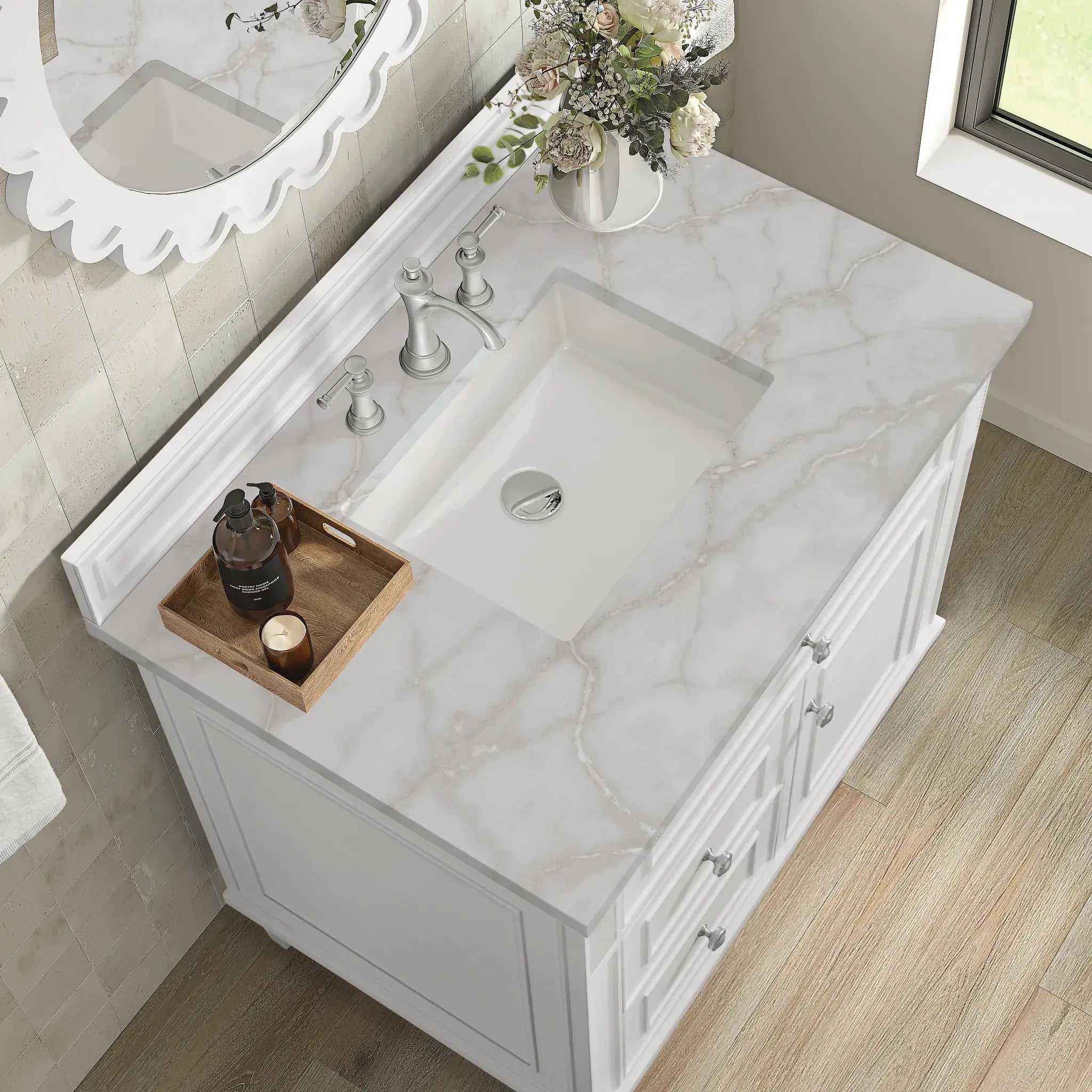 36" Lorelai Single Vanity in Bright White-Victorian Silver Silestone-8" Widespread image 6