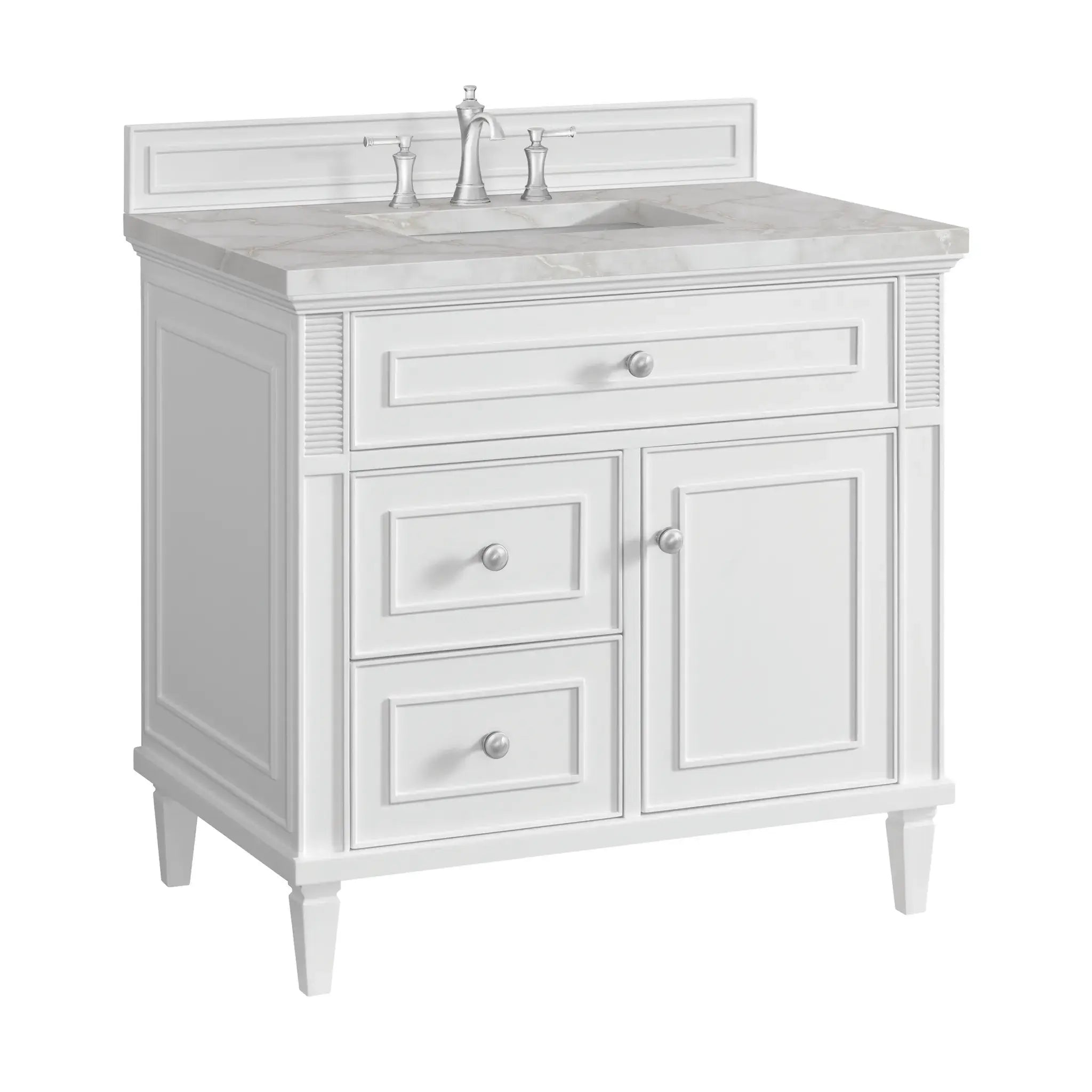 36" Lorelai Single Vanity in Bright White-Victorian Silver Silestone-8" Widespread image 9