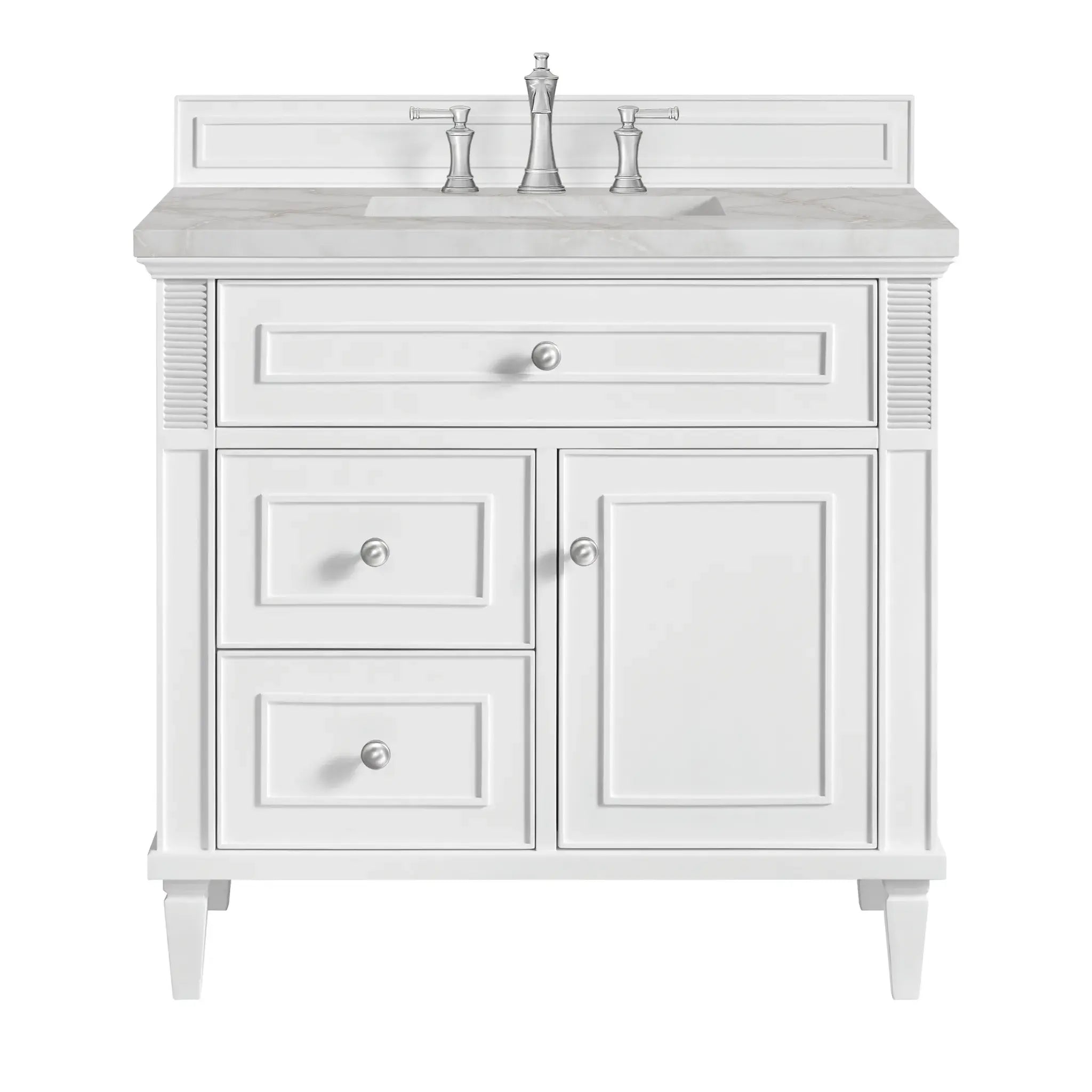 36" Lorelai Single Vanity in Bright White-Victorian Silver Silestone-8" Widespread image