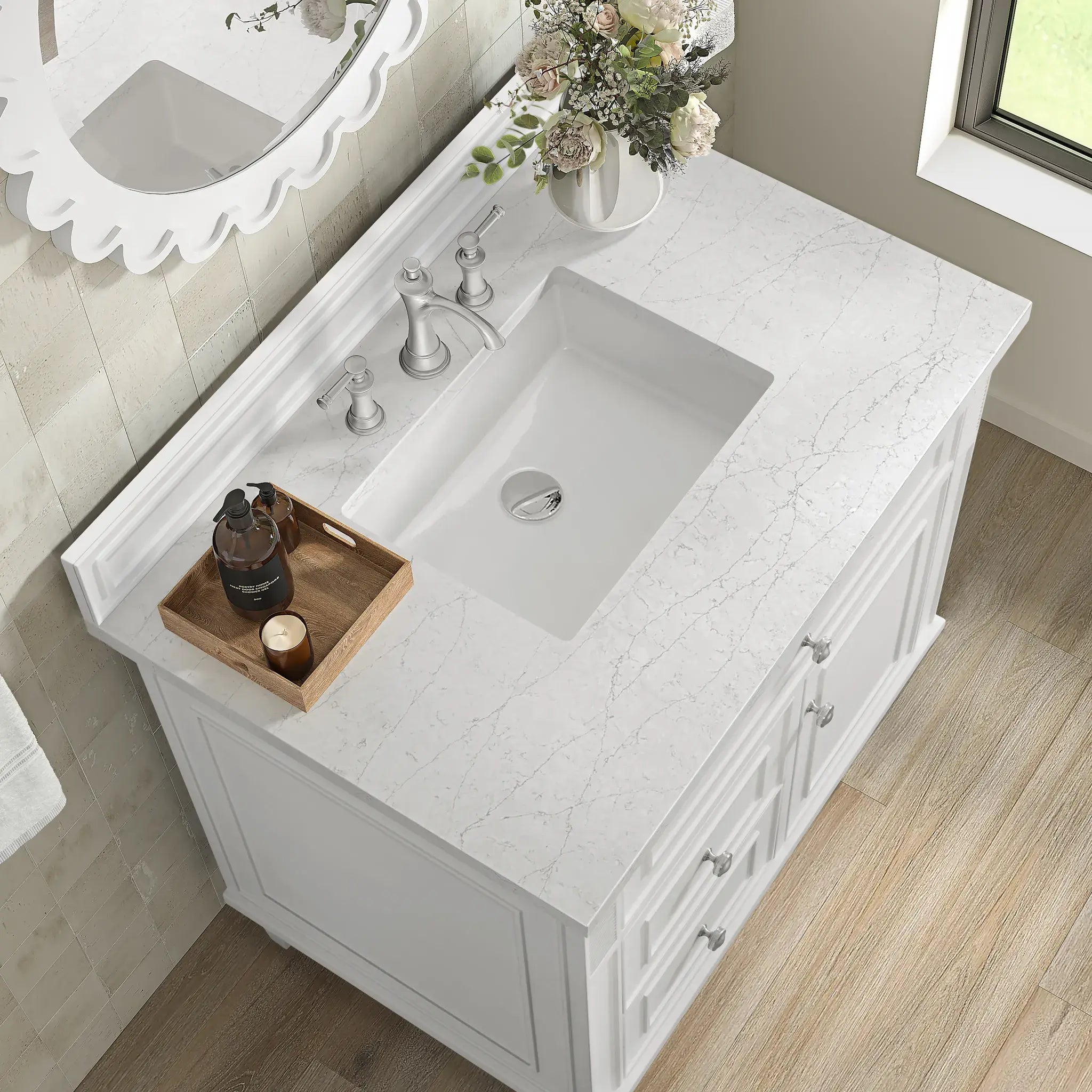 36" Lorelai Single Vanity in Bright White-White Zeus Silestone-8" Widespread image 6