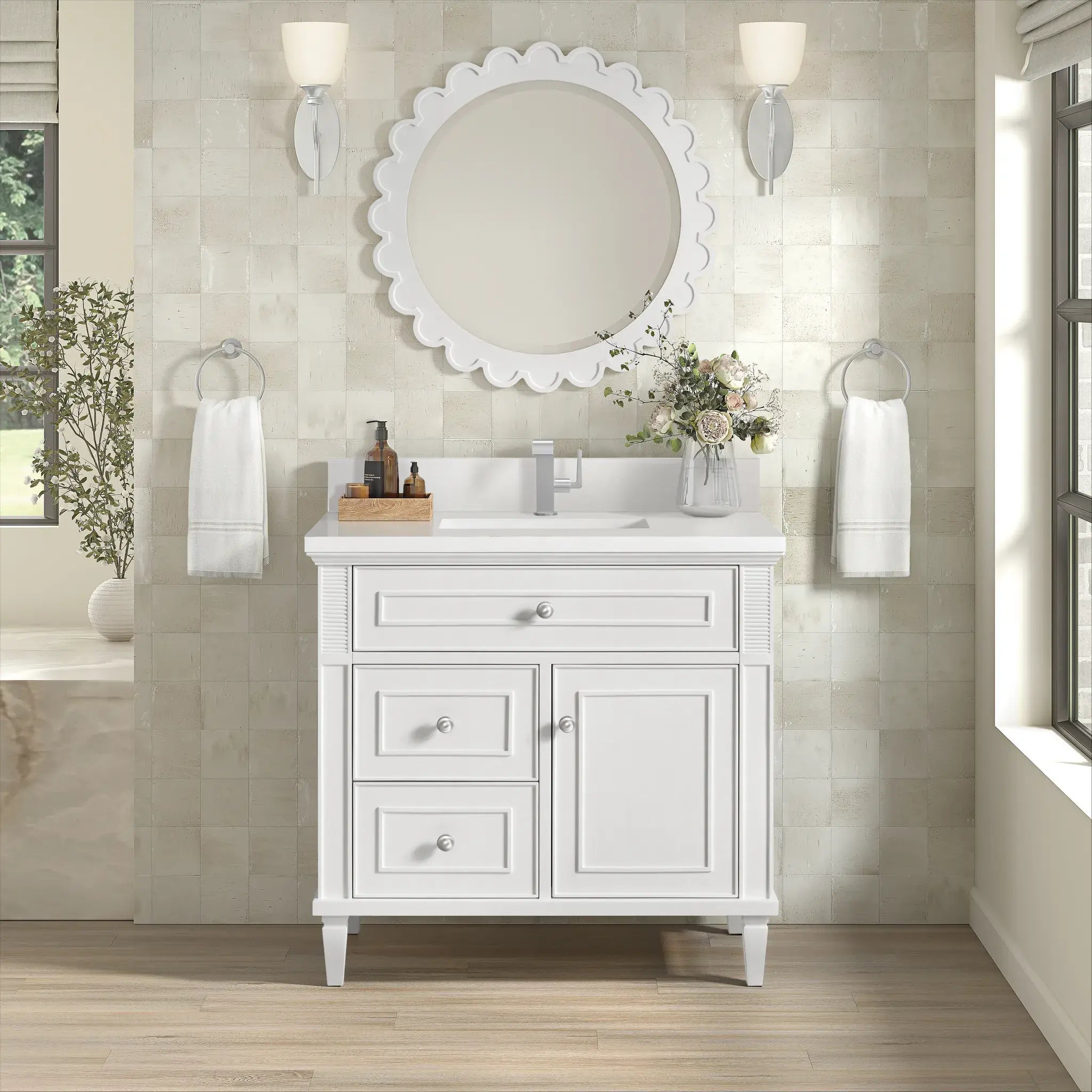 36" Lorelai Single Vanity in Bright White-White Zeus Silestone & Backsplash-Single Hole image 1