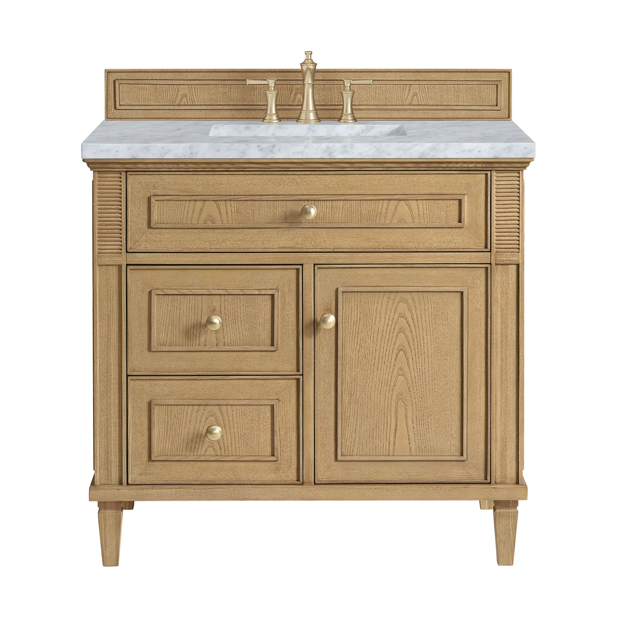36" Lorelai Single Vanity in Light Natural Oak-Carrara White Marble-8" Widespread image