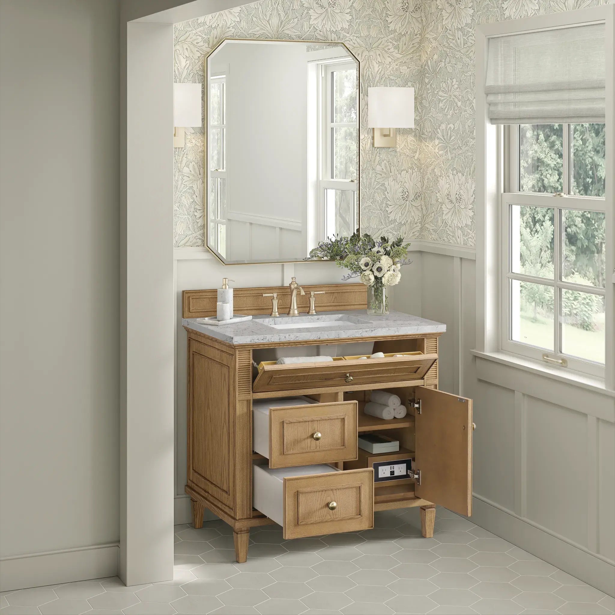 36" Lorelai Single Vanity in Light Natural Oak-Eternal Jasmine Pearl Silestone-8" Widespread image 4