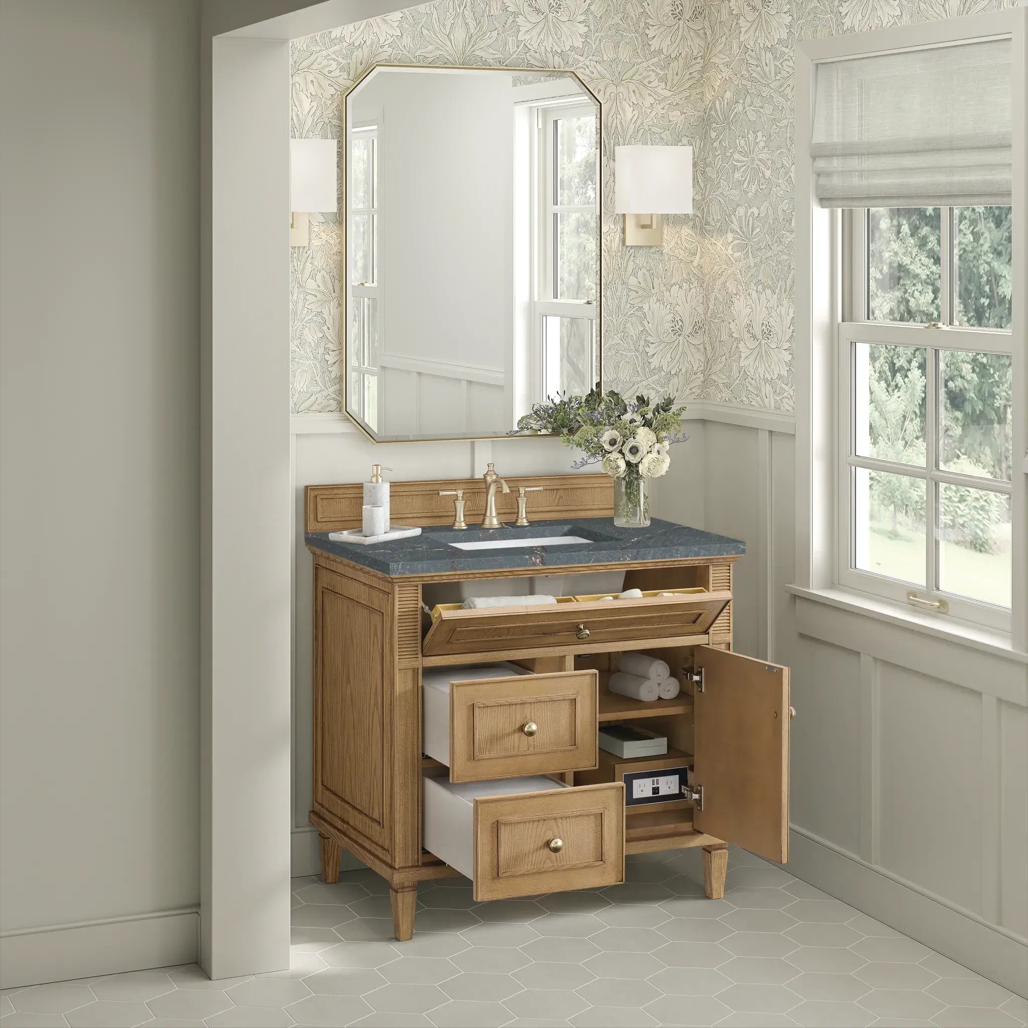 36" Lorelai Single Vanity in Light Natural Oak-Parisien Bleu Silestone-8" Widespread image 4