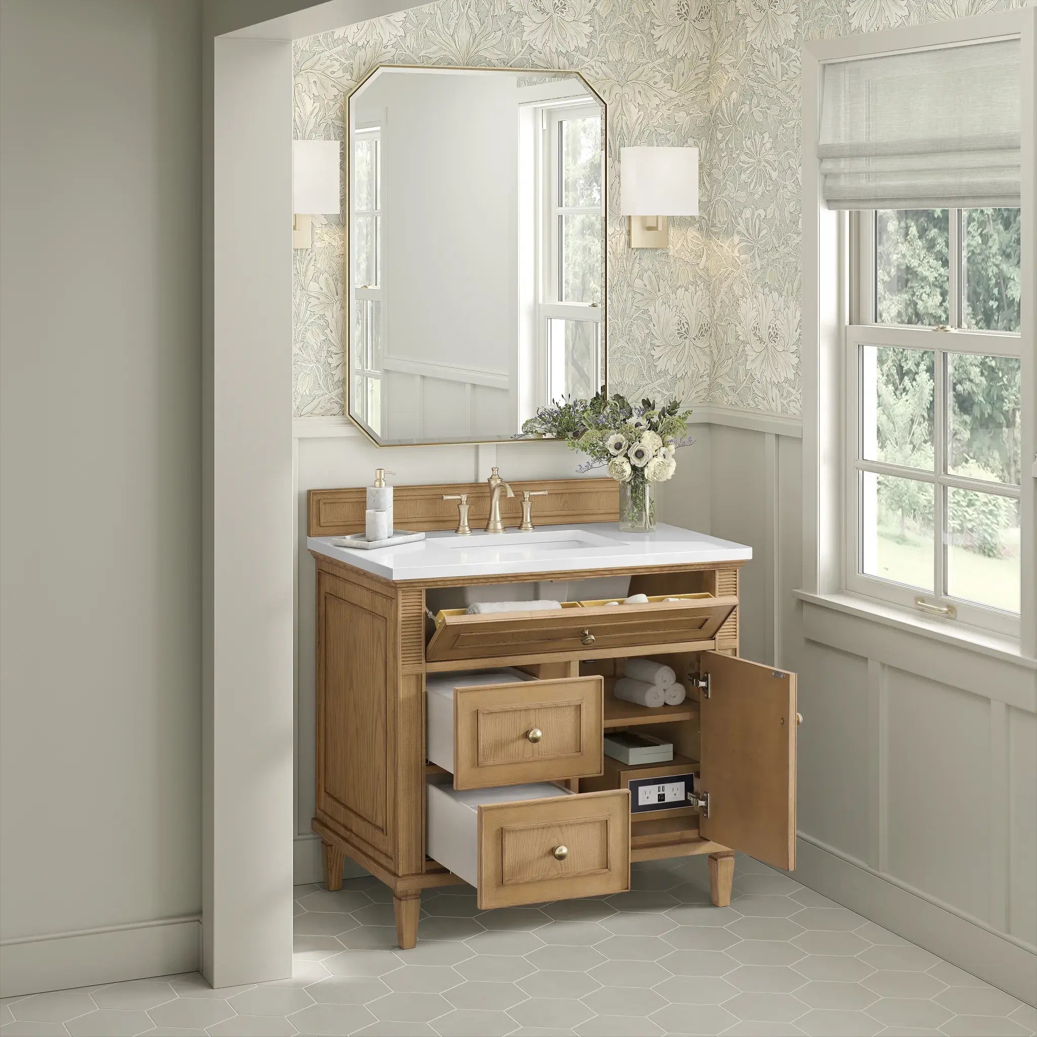 36" Lorelai Single Vanity in Light Natural Oak-White Zeus Silestone-8" Widespread image 4
